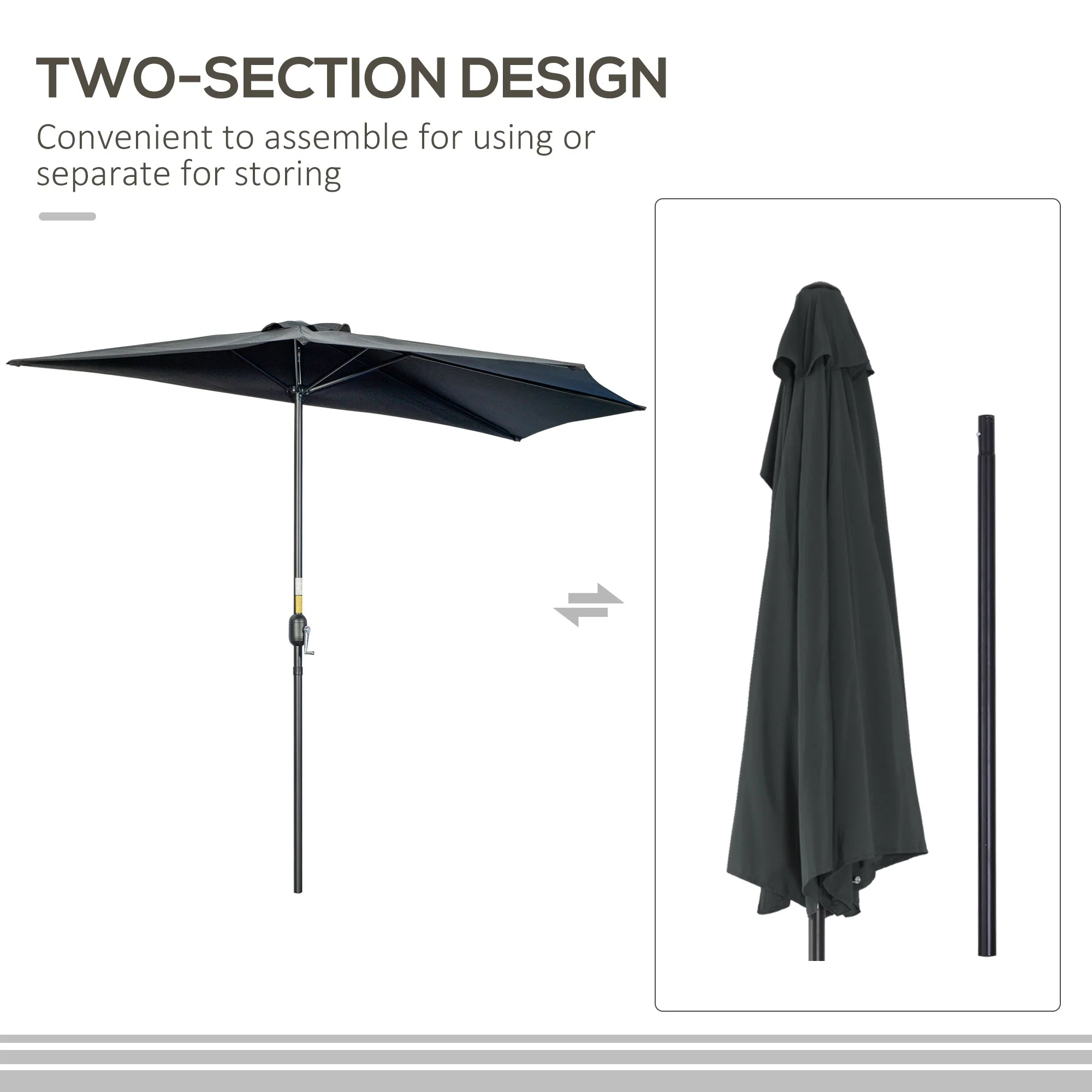 Outsunny 3(m) Half Parasol Semi Round Umbrella Patio Metal Frame Crank Handle for Balcony-- NO BASE INCLUDED - Image 6