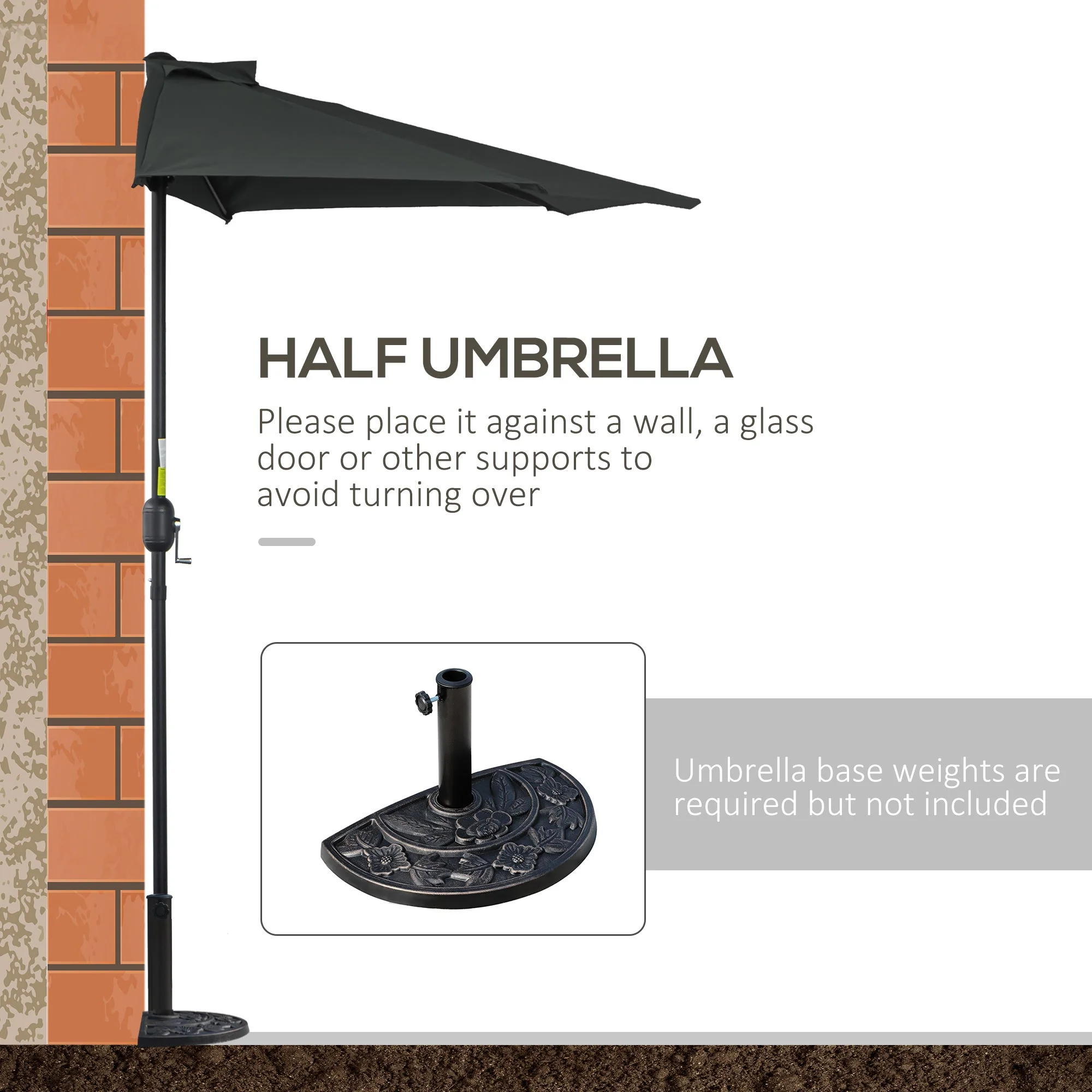 Outsunny 3(m) Half Parasol Semi Round Umbrella Patio Metal Frame Crank Handle for Balcony-- NO BASE INCLUDED - Image 7