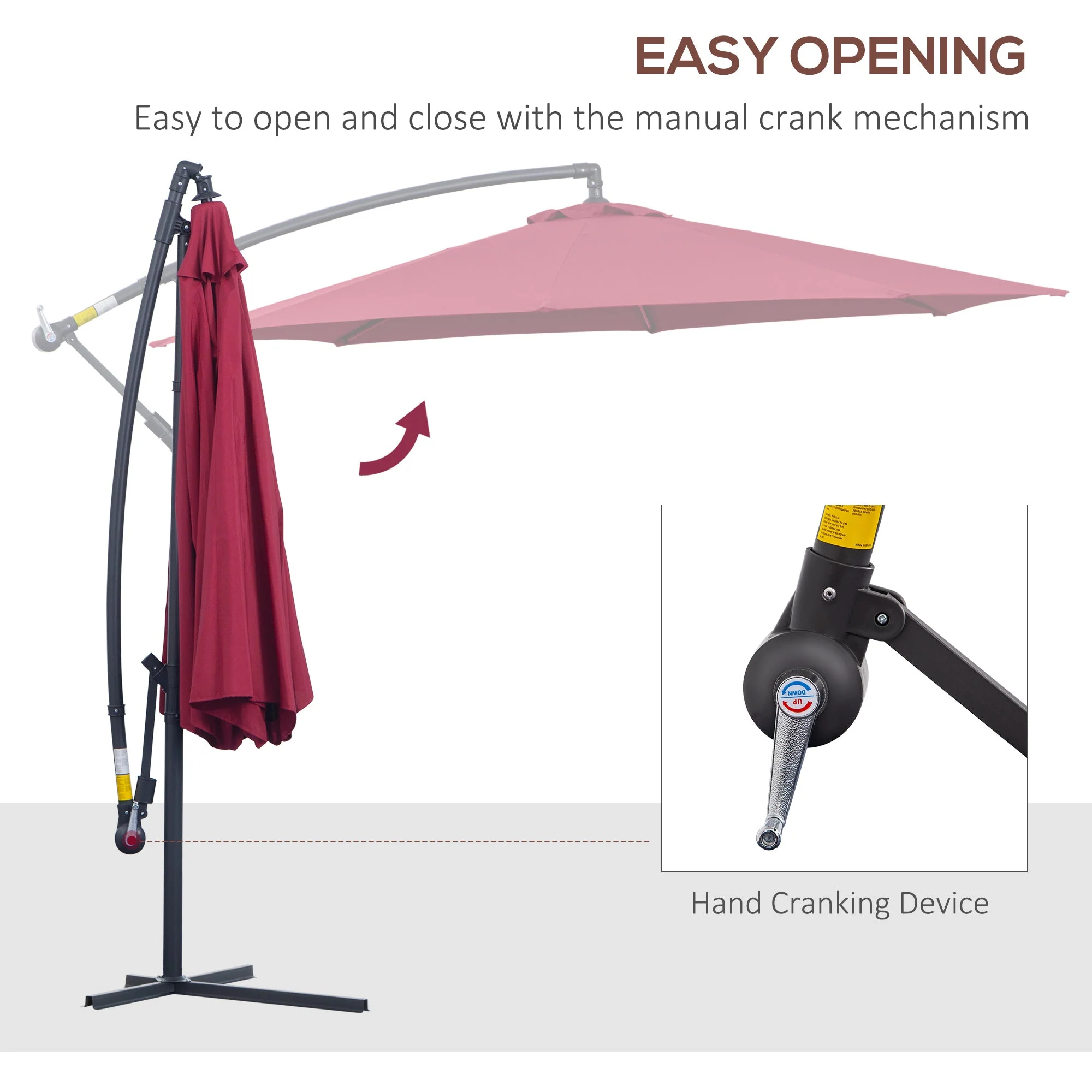 Outsunny 3M Water Resistant Terylene Hanging Parasol Wine Red - Image 4