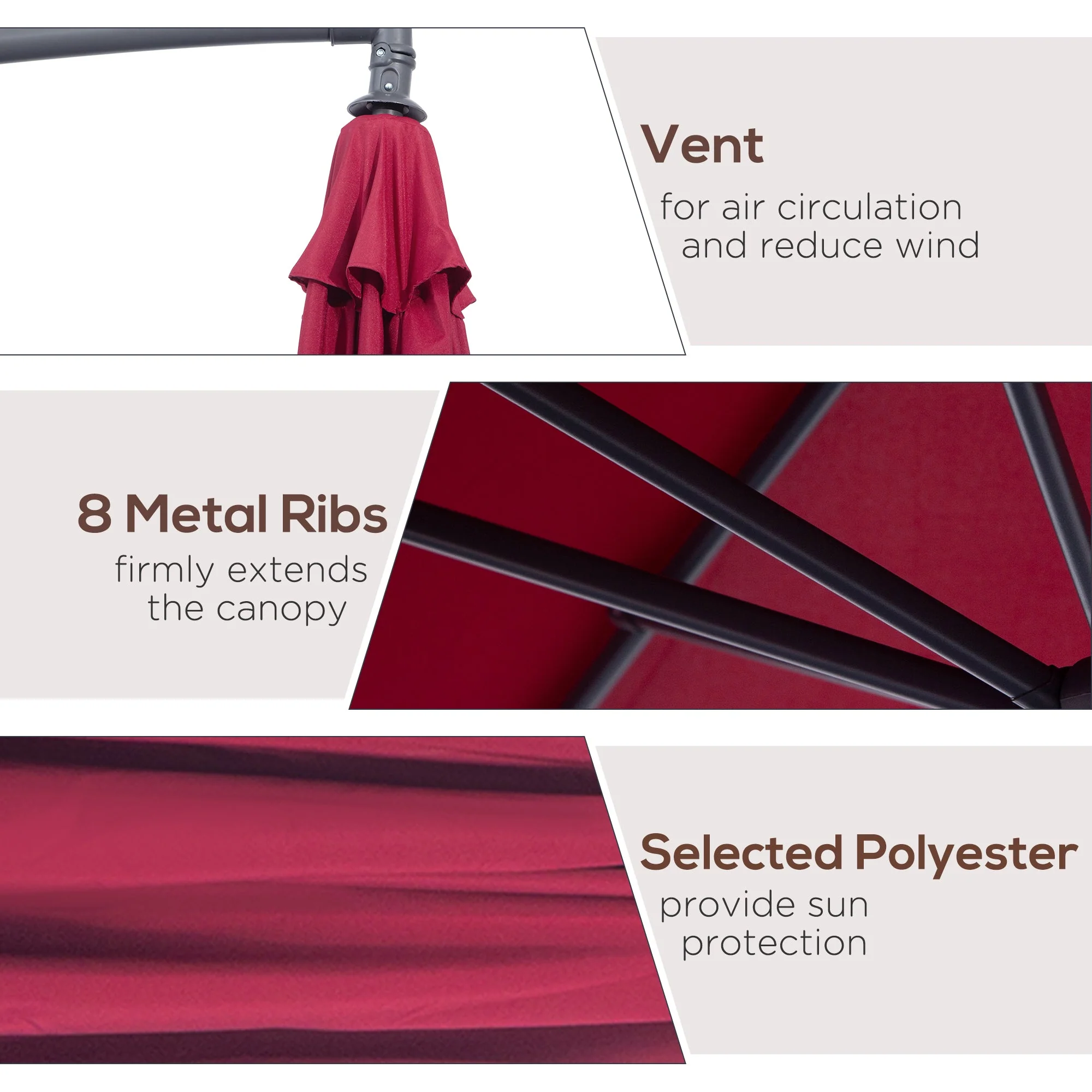 Outsunny 3M Water Resistant Terylene Hanging Parasol Wine Red - Image 7