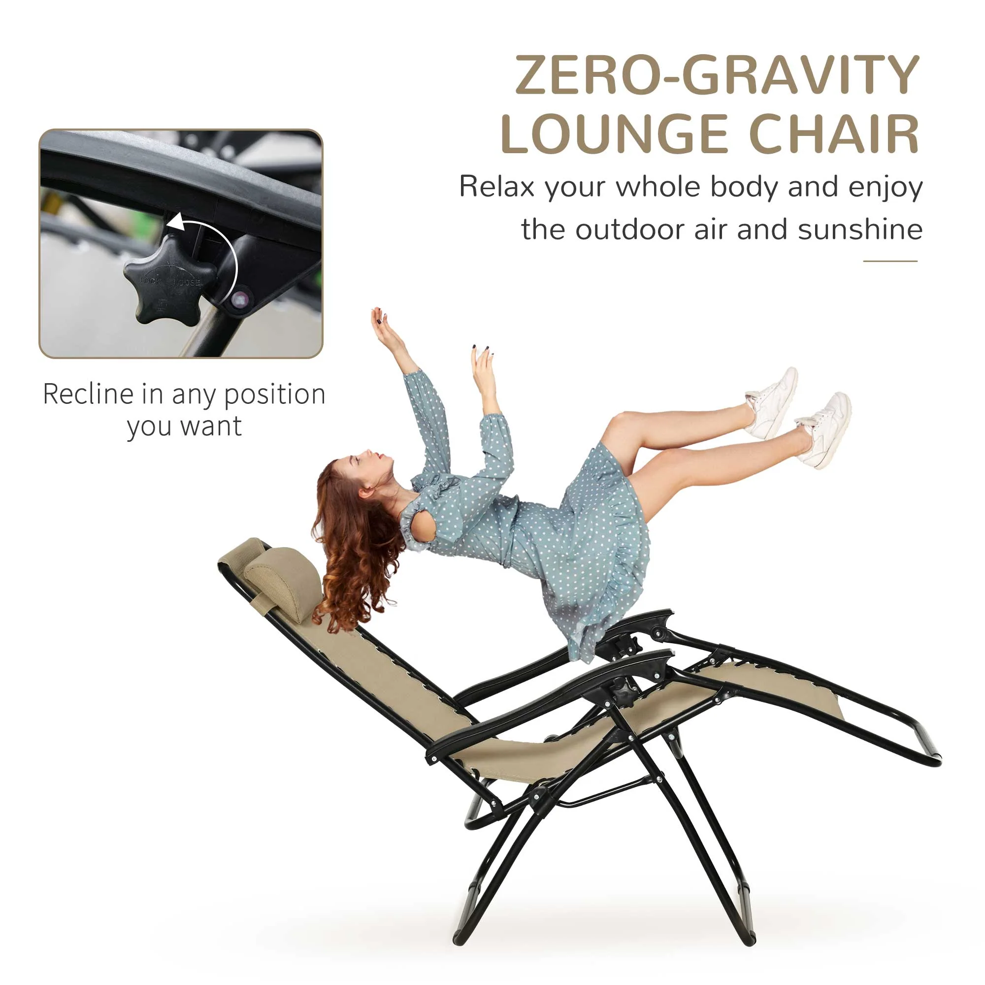 Outsunny 3pcs Folding Zero Gravity Chairs Sun Lounger Table Set w/ Cup Holders Reclining Garden Yard Pool - Image 3