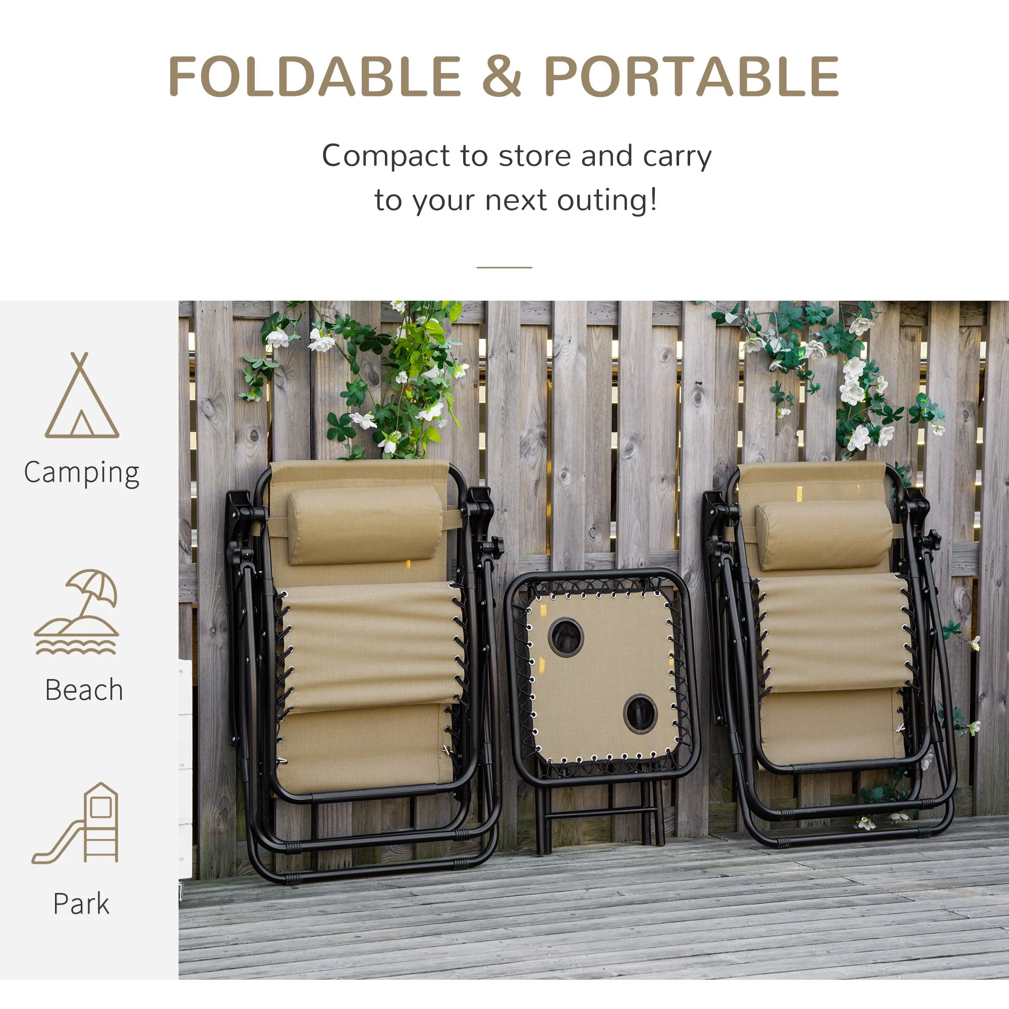 Outsunny 3pcs Folding Zero Gravity Chairs Sun Lounger Table Set w/ Cup Holders Reclining Garden Yard Pool - Image 5