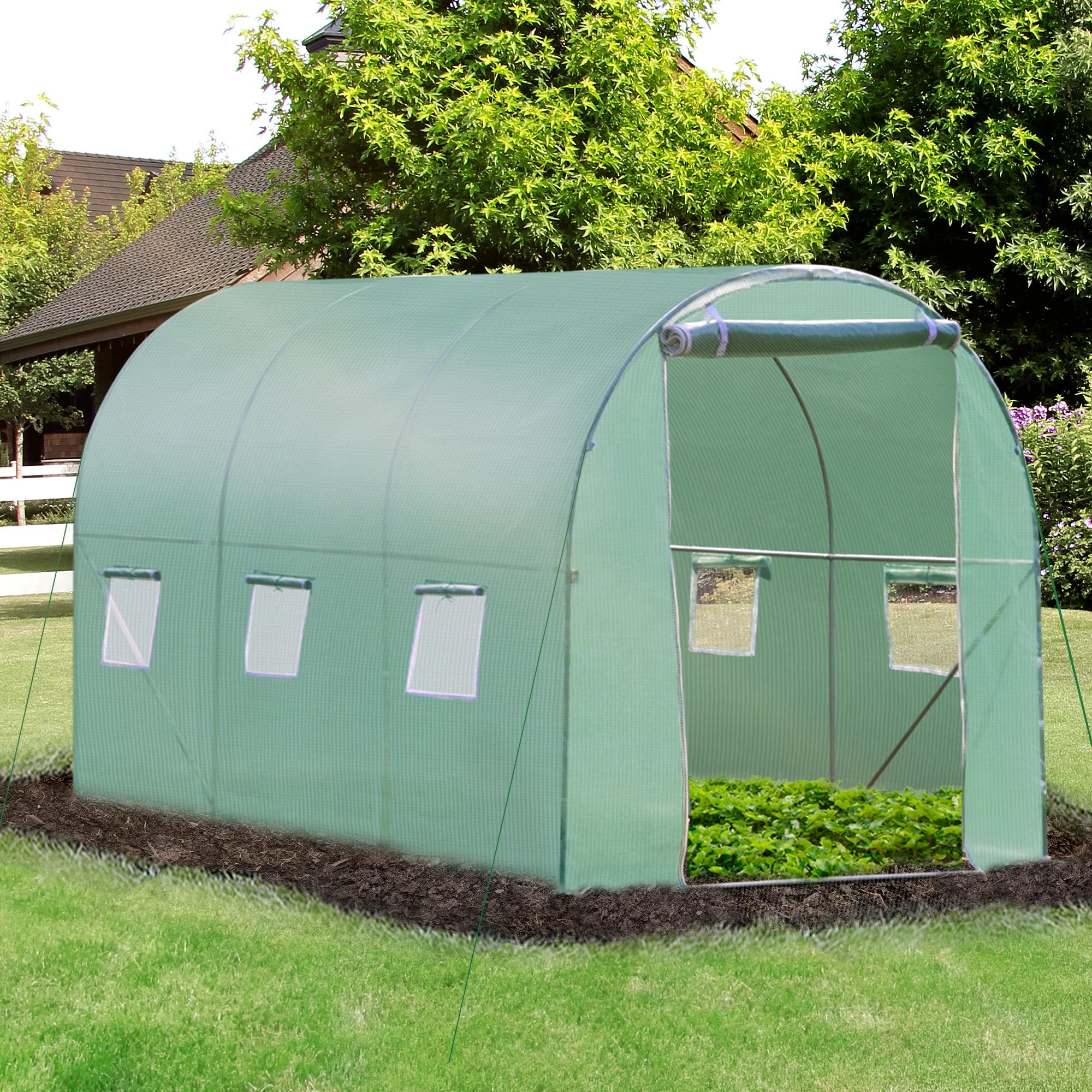 Outsunny 3x2 m Polytunnel Walk-in Greenhouse with Zip Door and Windows-Green - Image 2