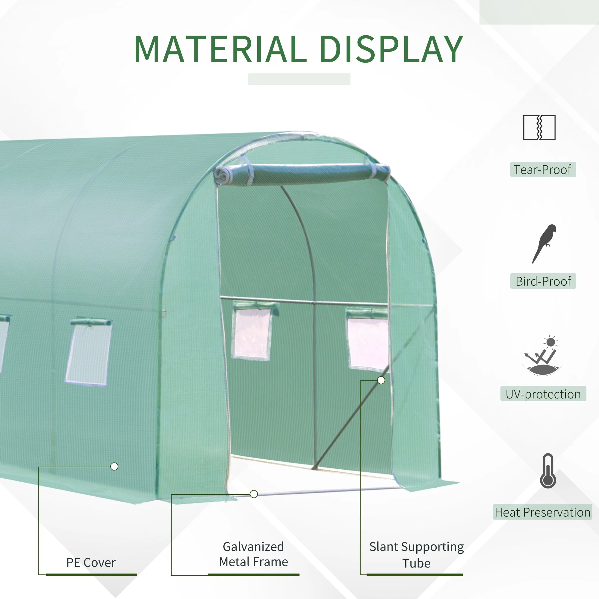 Outsunny 3x2 m Polytunnel Walk-in Greenhouse with Zip Door and Windows-Green - Image 4