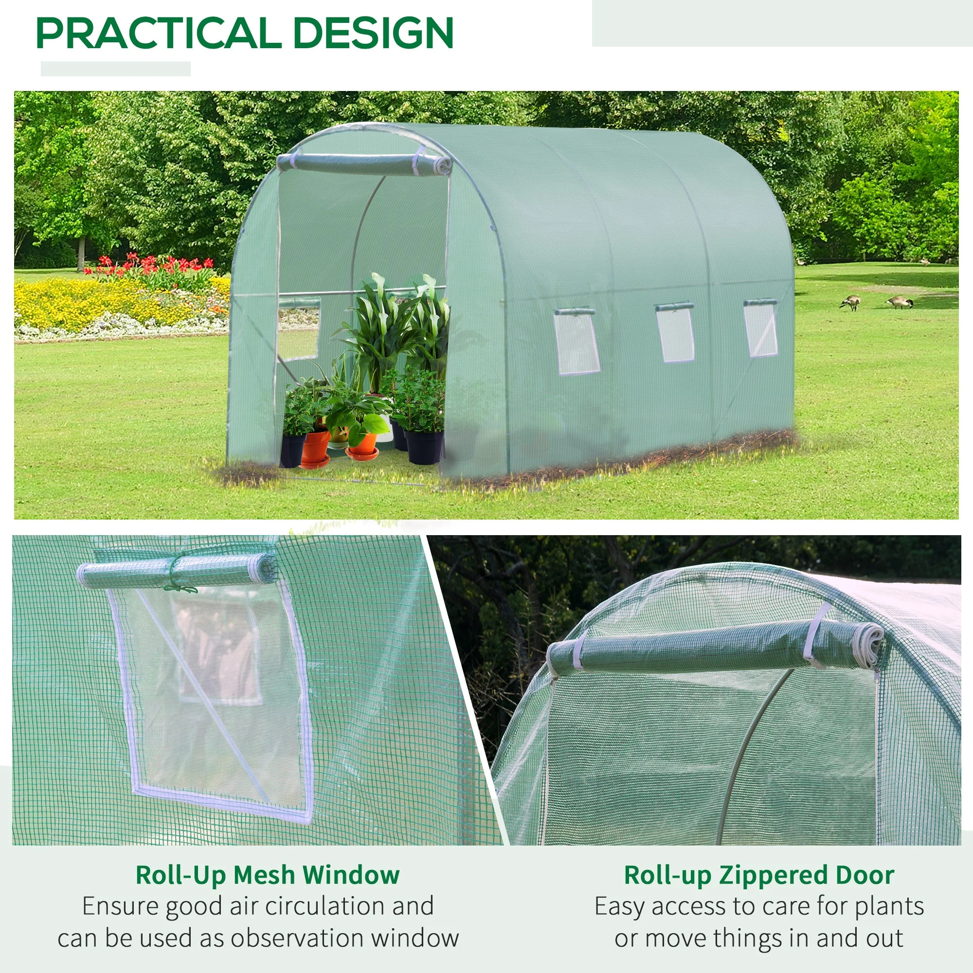 Outsunny 3x2 m Polytunnel Walk-in Greenhouse with Zip Door and Windows-Green - Image 6