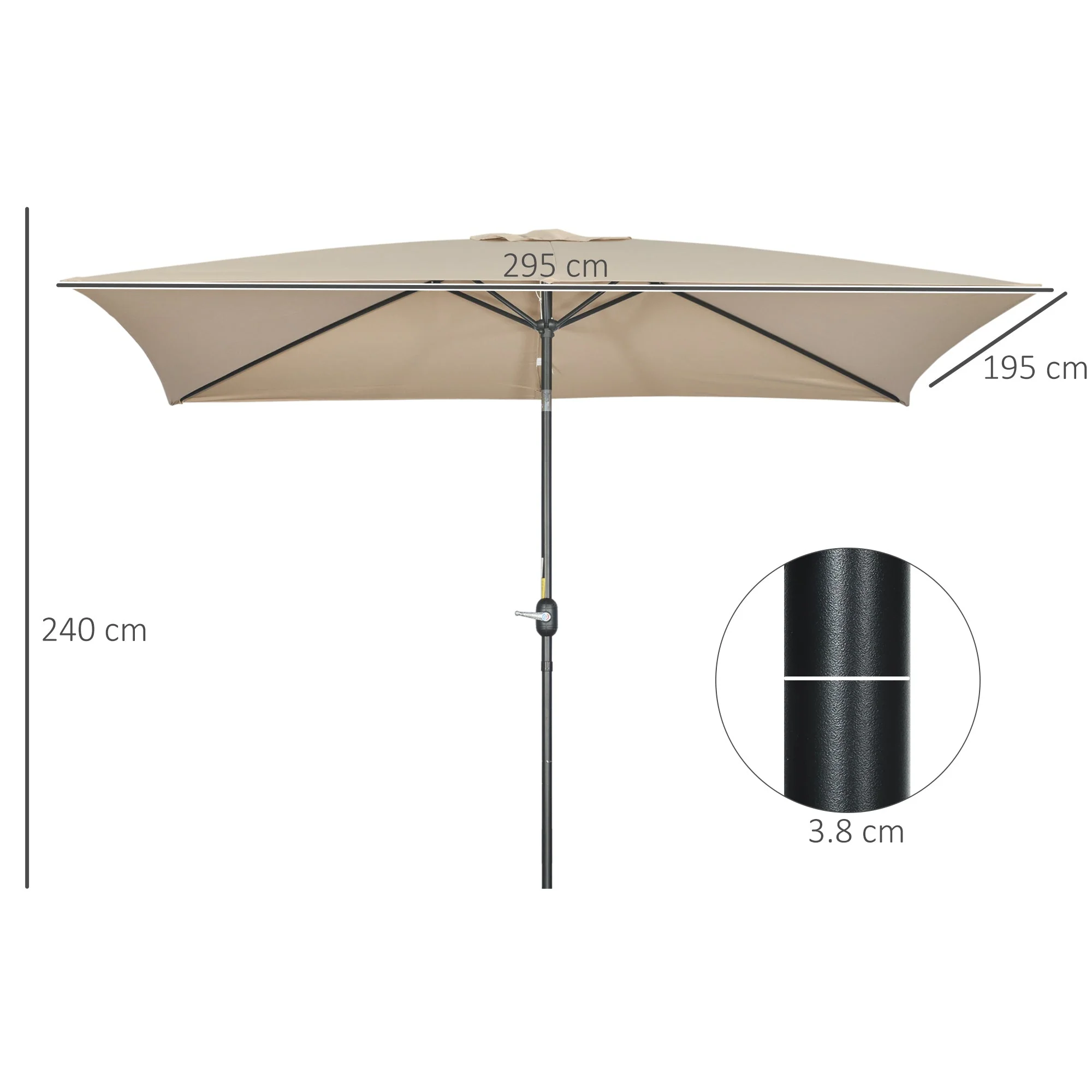 Outsunny 3x2m Patio Parasol Garden Umbrellas Canopy with Aluminum Tilt Crank Rectangular Sun Shade Steel - Image 3