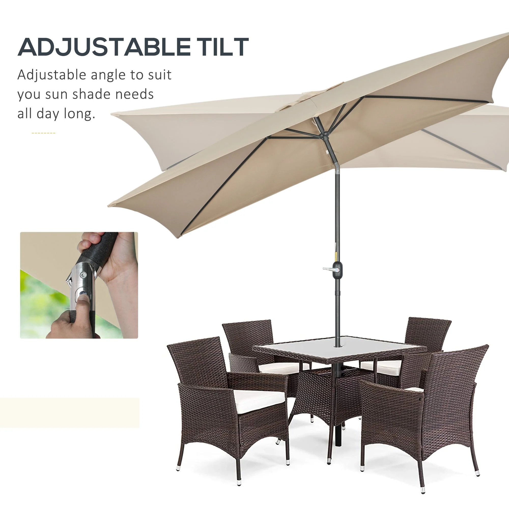 Outsunny 3x2m Patio Parasol Garden Umbrellas Canopy with Aluminum Tilt Crank Rectangular Sun Shade Steel - Image 4