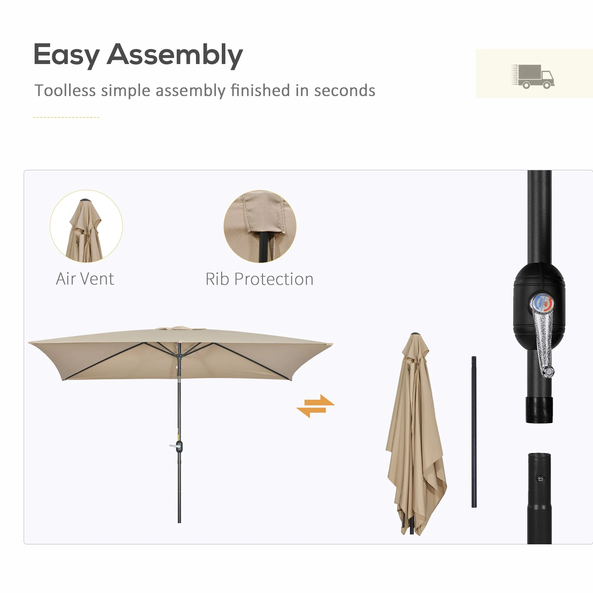 Outsunny 3x2m Patio Parasol Garden Umbrellas Canopy with Aluminum Tilt Crank Rectangular Sun Shade Steel - Image 7
