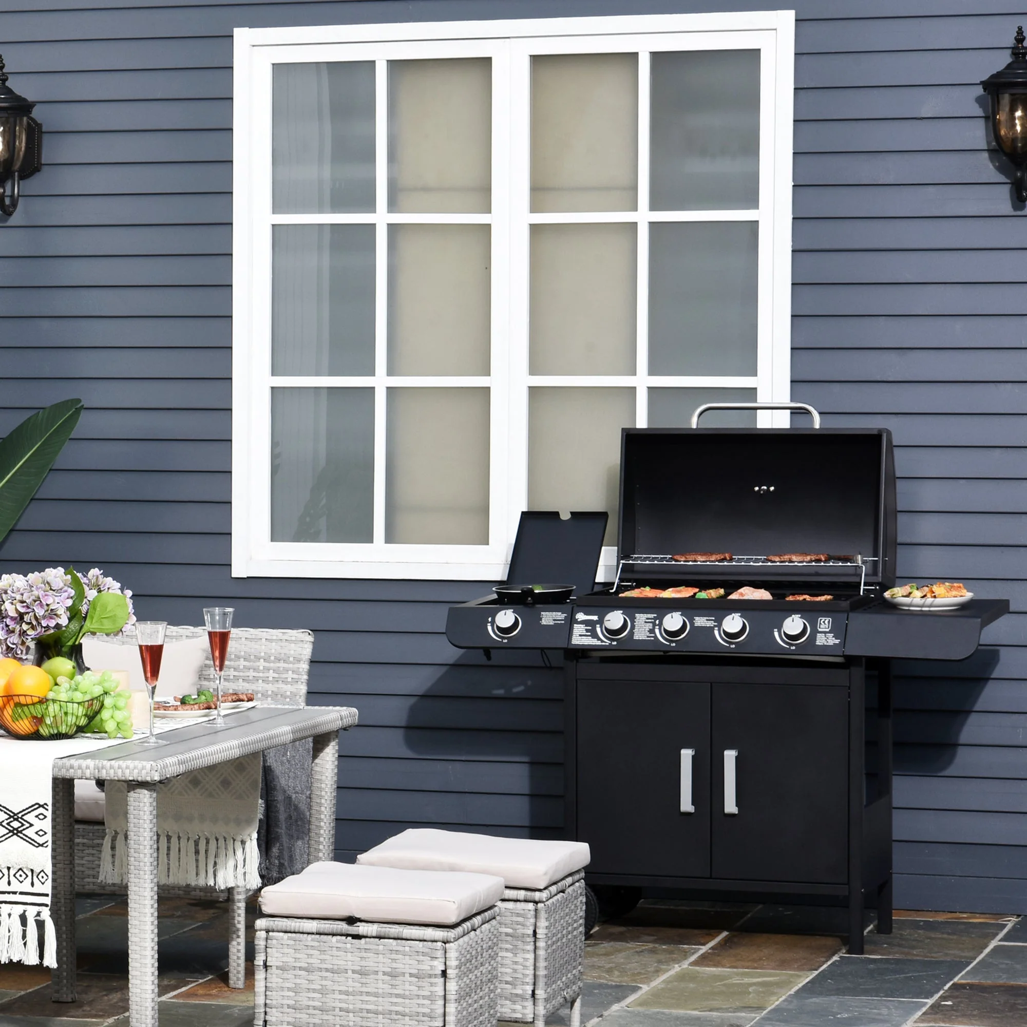 Outsunny 4+1 Gas Burner Grill Bbq Trolley Backyard Garden Smoker Side Burner Barbecue With Storage Side Table Wheels - Image 2