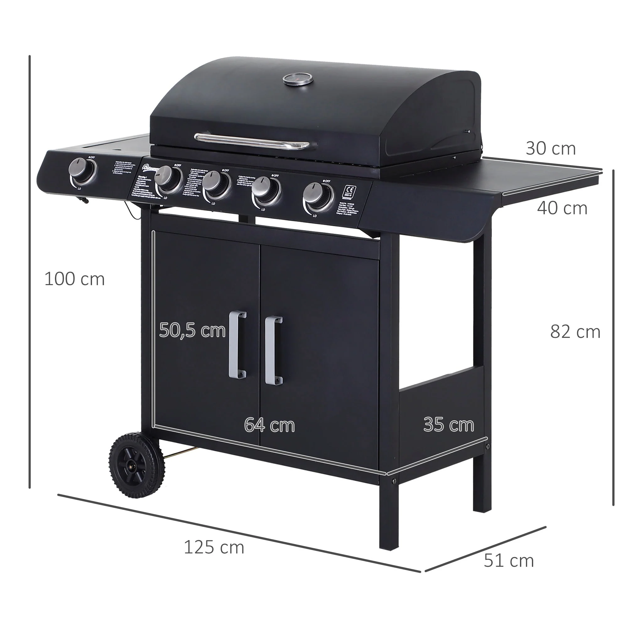 Outsunny 4+1 Gas Burner Grill Bbq Trolley Backyard Garden Smoker Side Burner Barbecue With Storage Side Table Wheels - Image 3