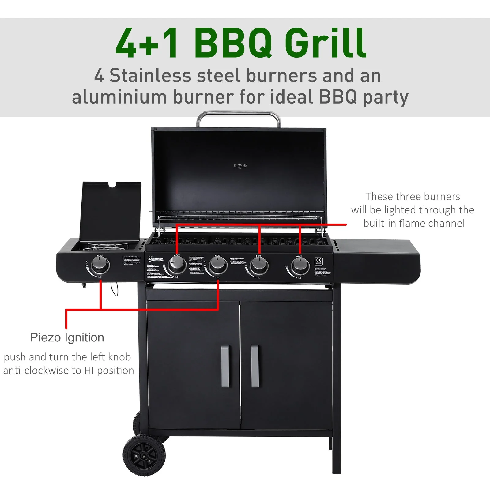 Outsunny 4+1 Gas Burner Grill Bbq Trolley Backyard Garden Smoker Side Burner Barbecue With Storage Side Table Wheels - Image 5