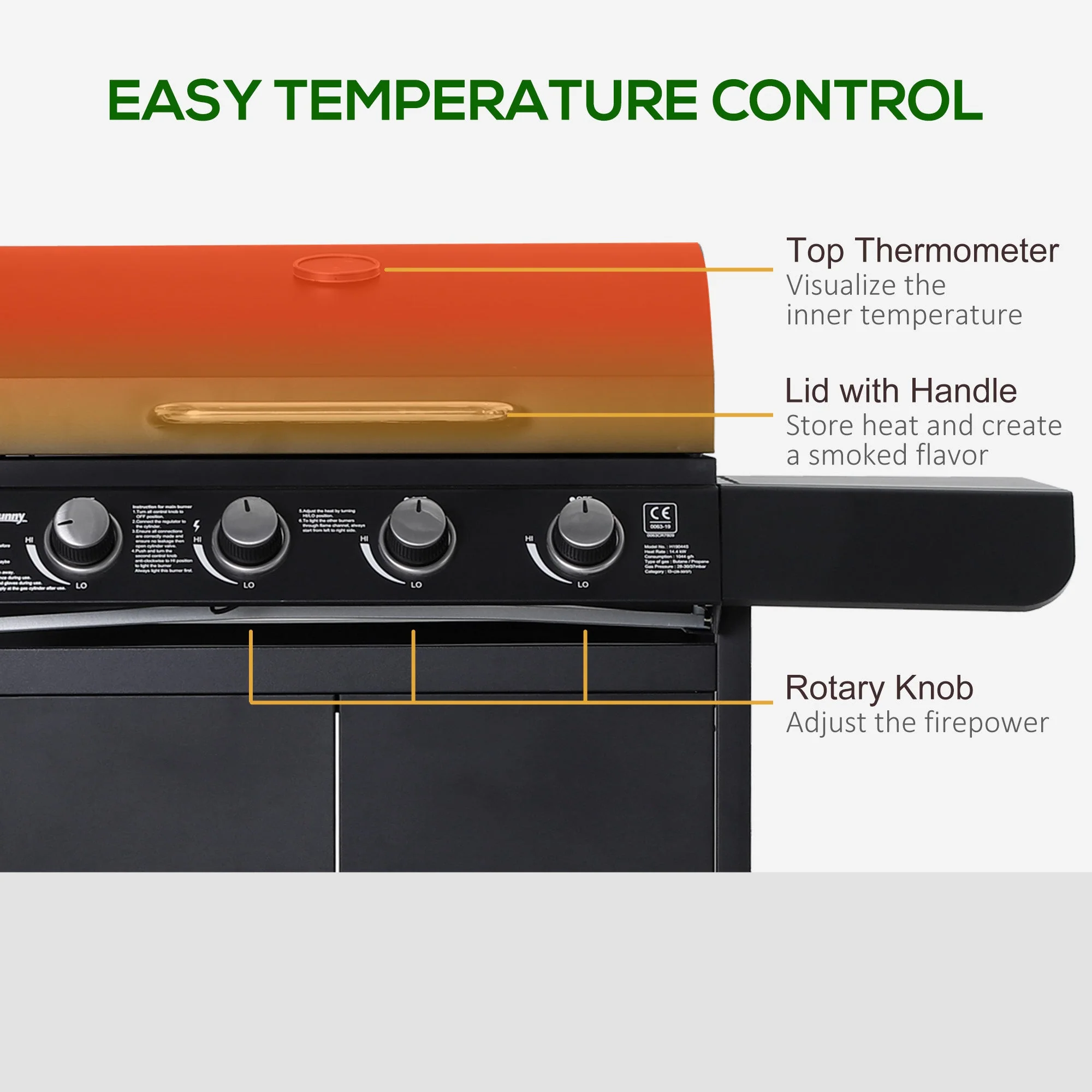 Outsunny 4+1 Gas Burner Grill Bbq Trolley Backyard Garden Smoker Side Burner Barbecue With Storage Side Table Wheels - Image 6