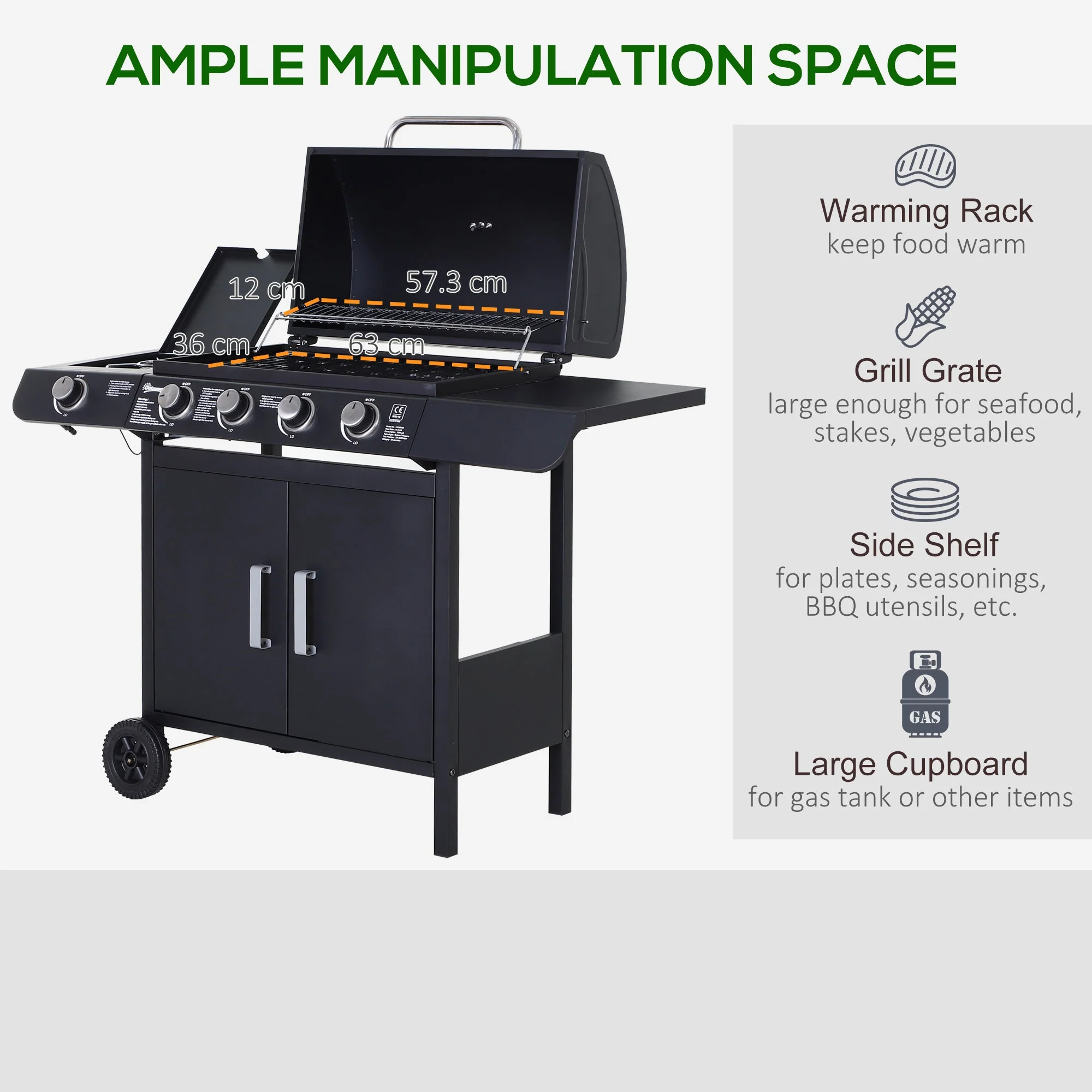 Outsunny 4+1 Gas Burner Grill Bbq Trolley Backyard Garden Smoker Side Burner Barbecue With Storage Side Table Wheels - Image 8