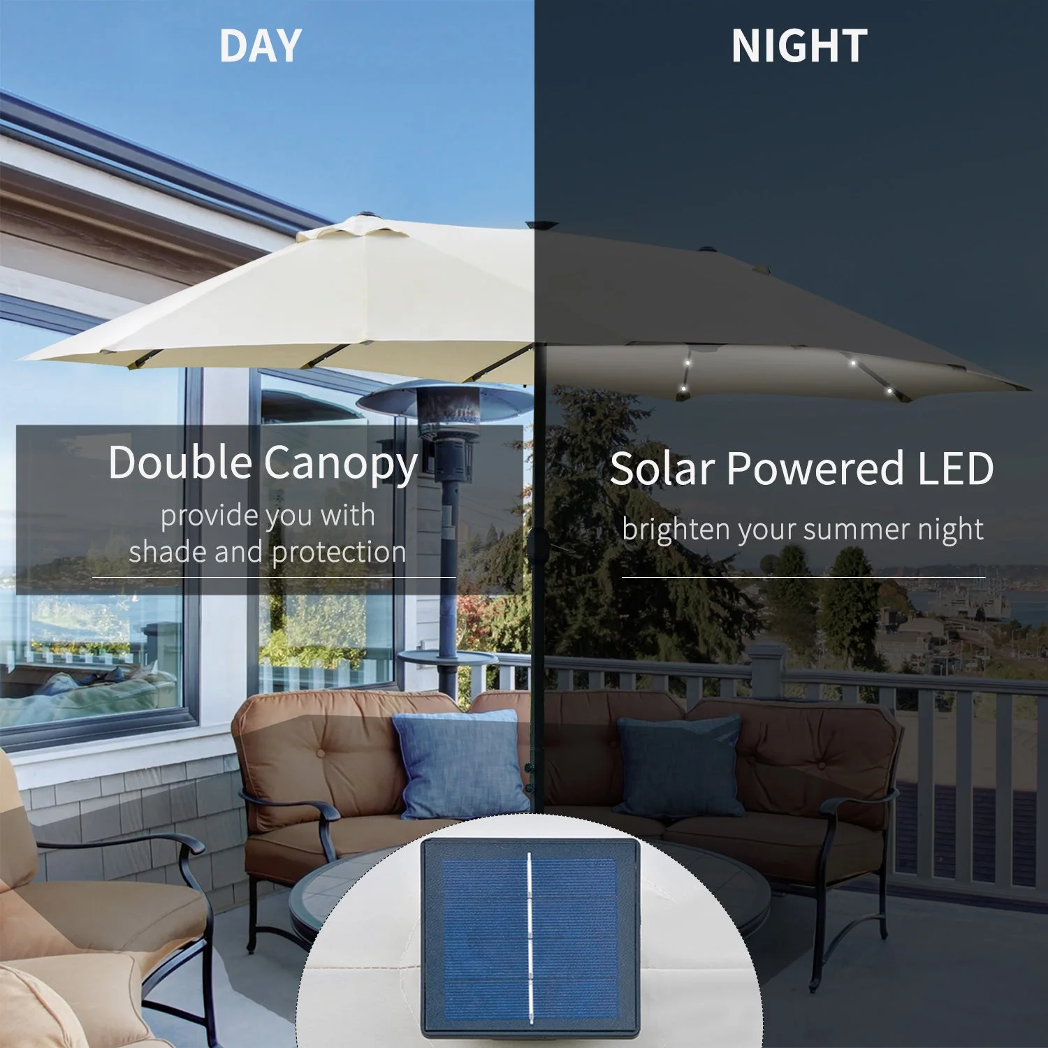 Outsunny 4.4M Double-Sided Sun Umbrella Patio Parasol Led Solar Lights Cream White - Image 4