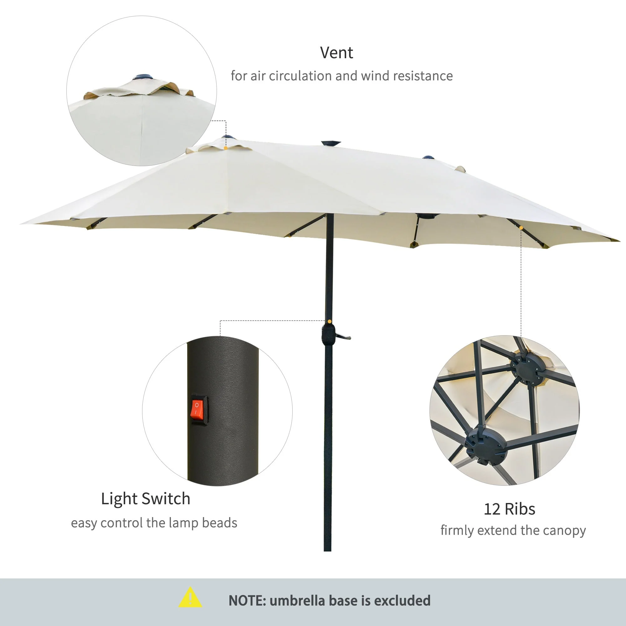 Outsunny 4.4M Double-Sided Sun Umbrella Patio Parasol Led Solar Lights Cream White - Image 5