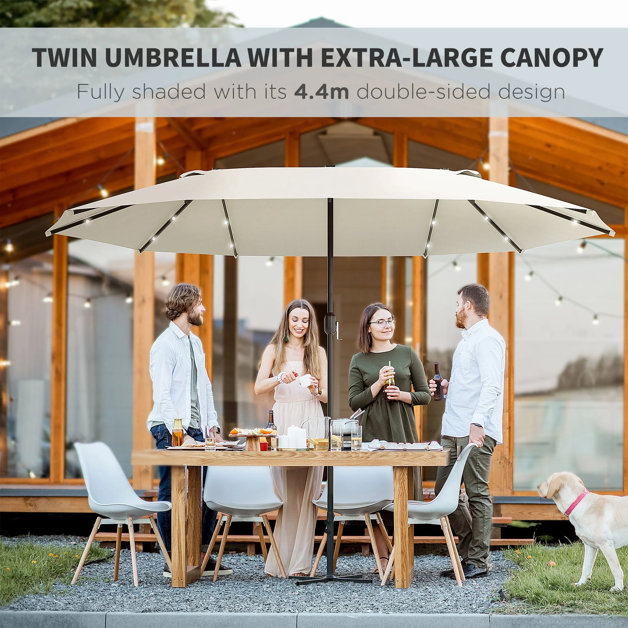 Outsunny 4.4M Double-Sided Sun Umbrella Patio Parasol Led Solar Lights Cream White - Image 7