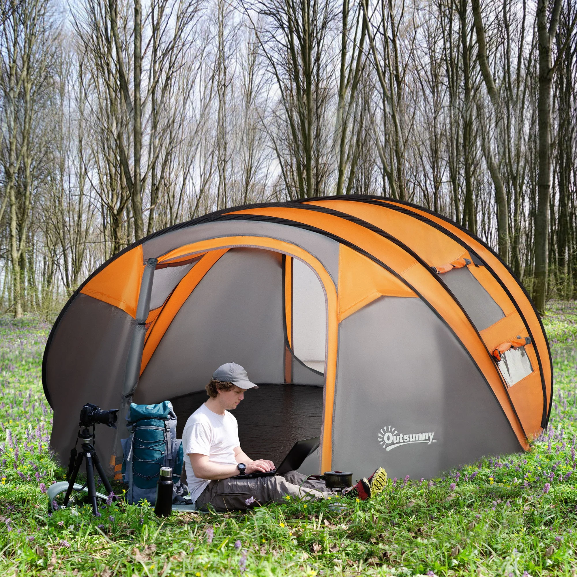 Outsunny 4-5 Person Pop-up Camping Tent Waterproof Family Tent w/ 2 Mesh Windows & PVC Windows Portable Carry Bag for Outdoor Trip Orange - Image 2