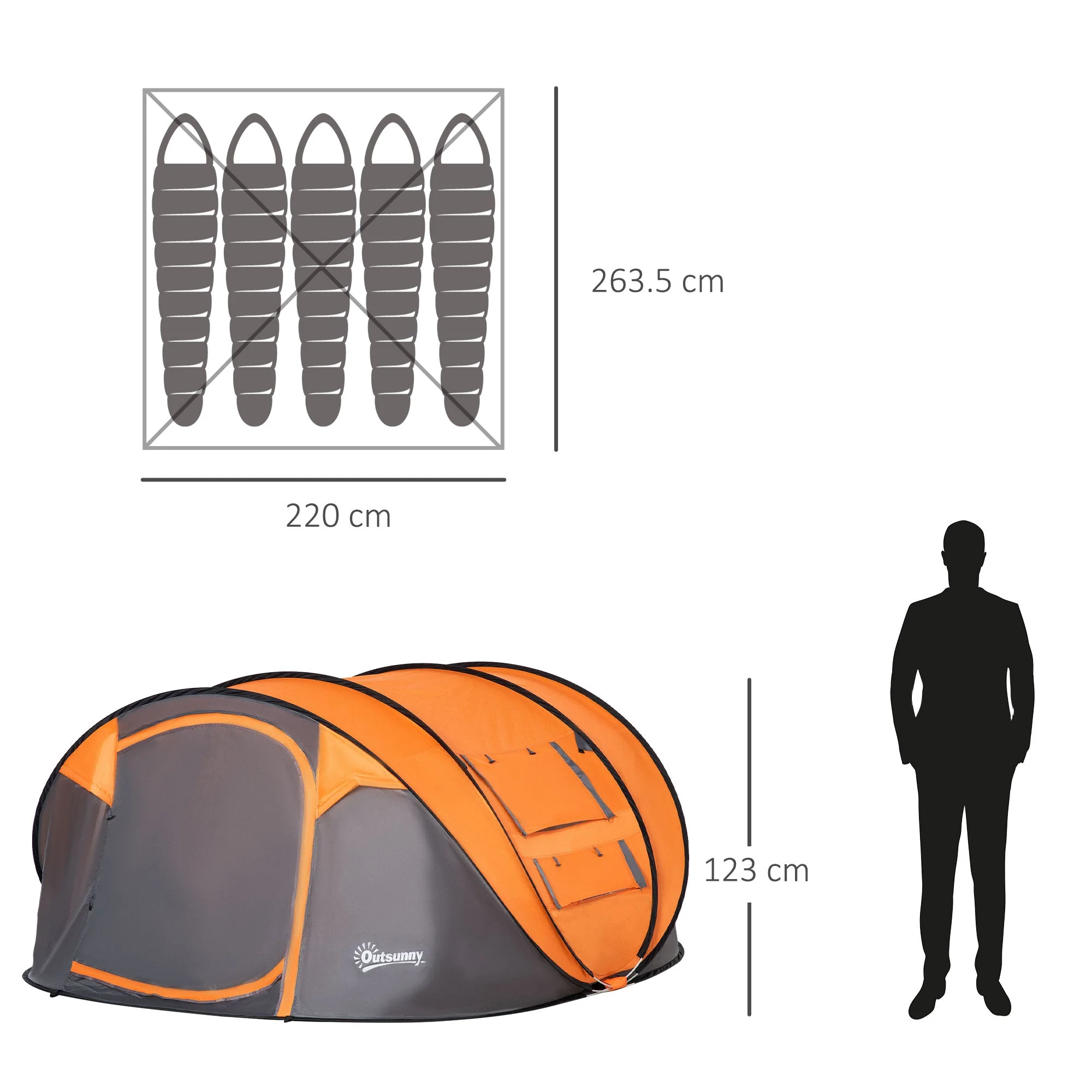 Outsunny 4-5 Person Pop-up Camping Tent Waterproof Family Tent w/ 2 Mesh Windows & PVC Windows Portable Carry Bag for Outdoor Trip Orange - Image 3