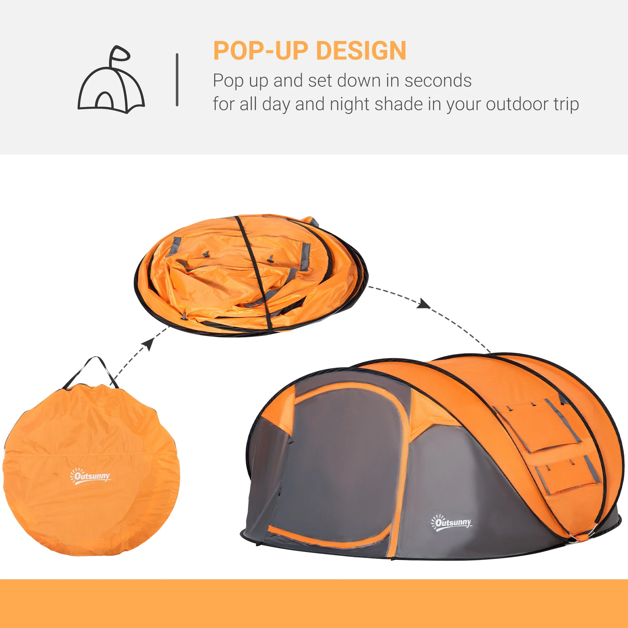 Outsunny 4-5 Person Pop-up Camping Tent Waterproof Family Tent w/ 2 Mesh Windows & PVC Windows Portable Carry Bag for Outdoor Trip Orange - Image 4