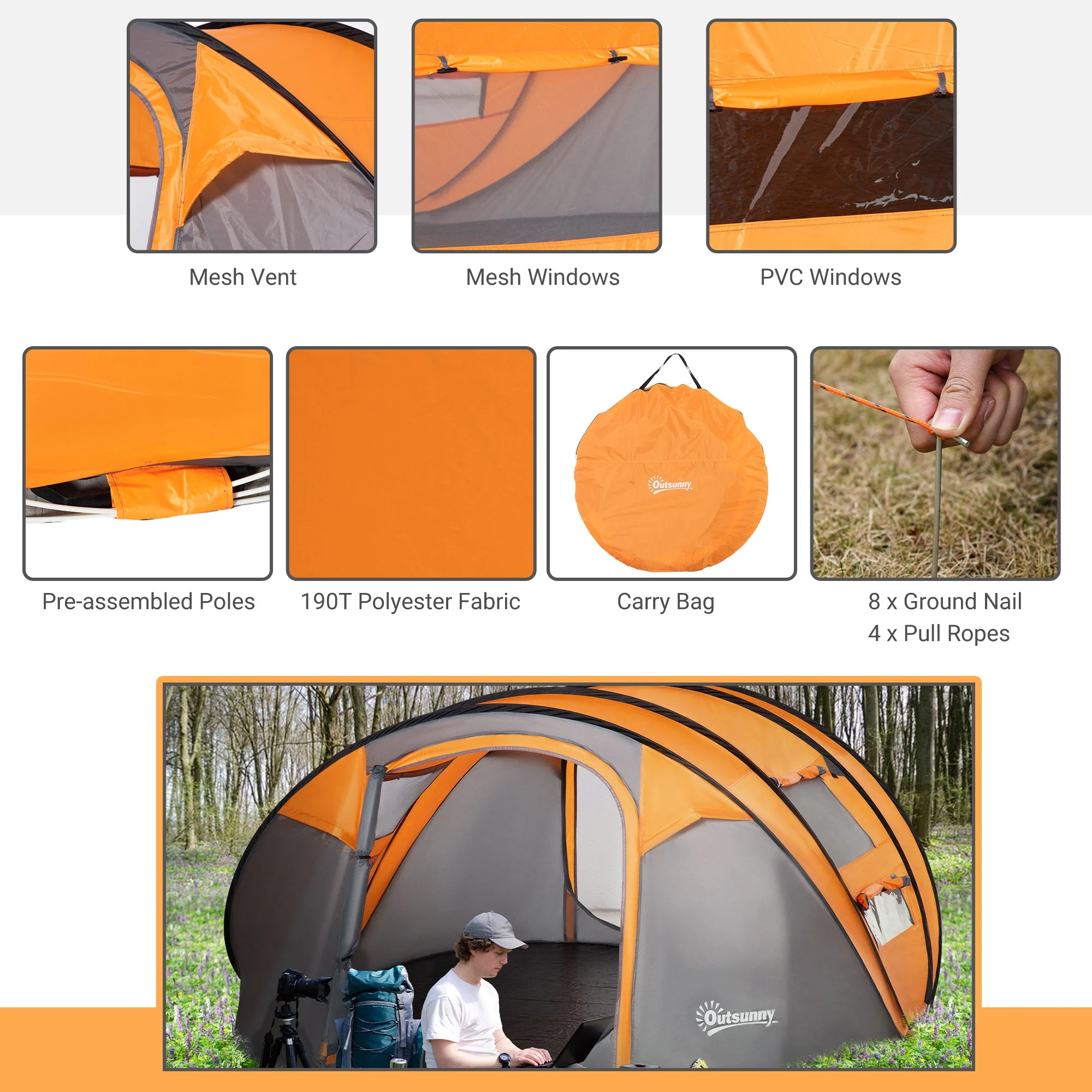 Outsunny 4-5 Person Pop-up Camping Tent Waterproof Family Tent w/ 2 Mesh Windows & PVC Windows Portable Carry Bag for Outdoor Trip Orange - Image 7