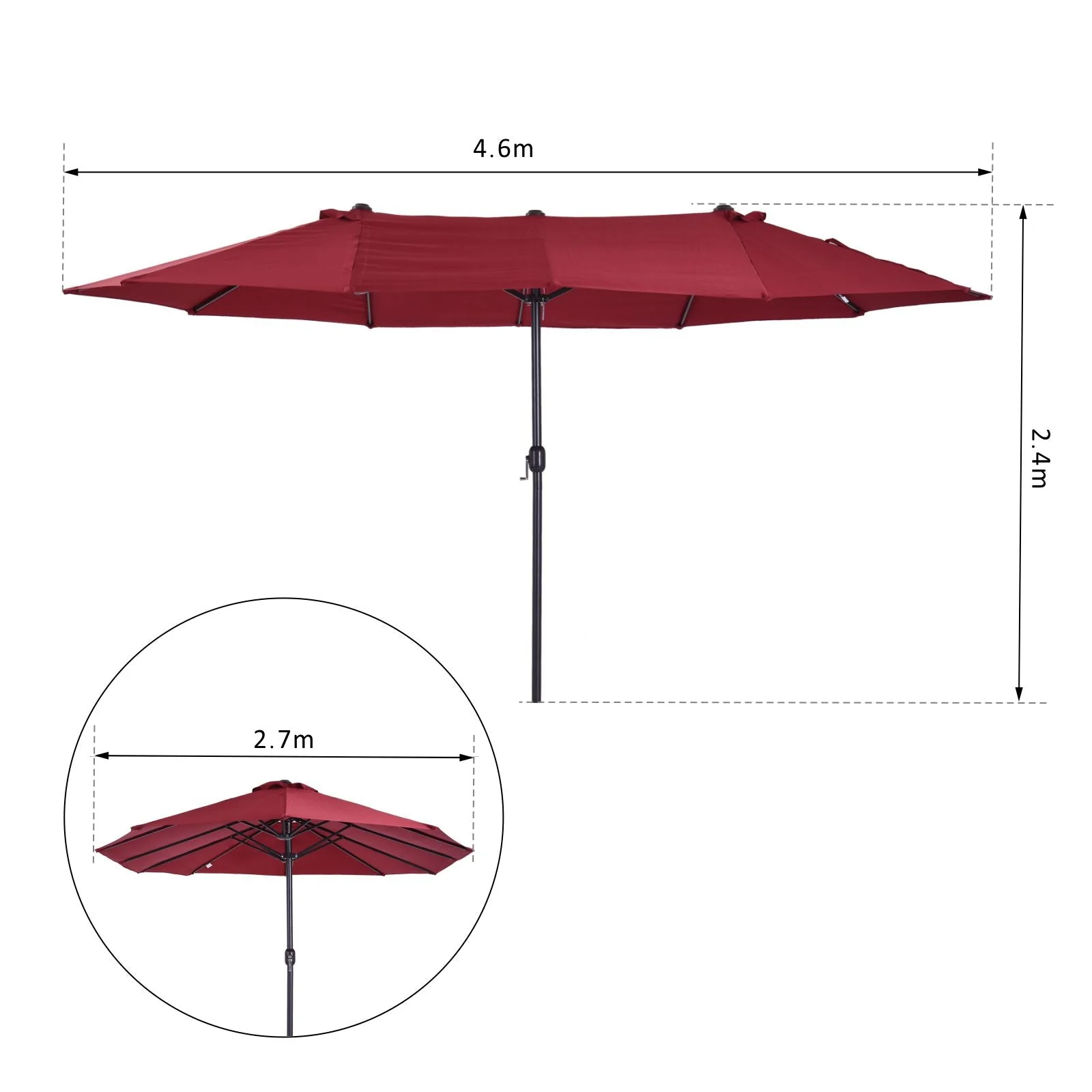 Outsunny 4.6M Double-Sided Patio Parasol Sun Umbrella-Wine Red - Image 3