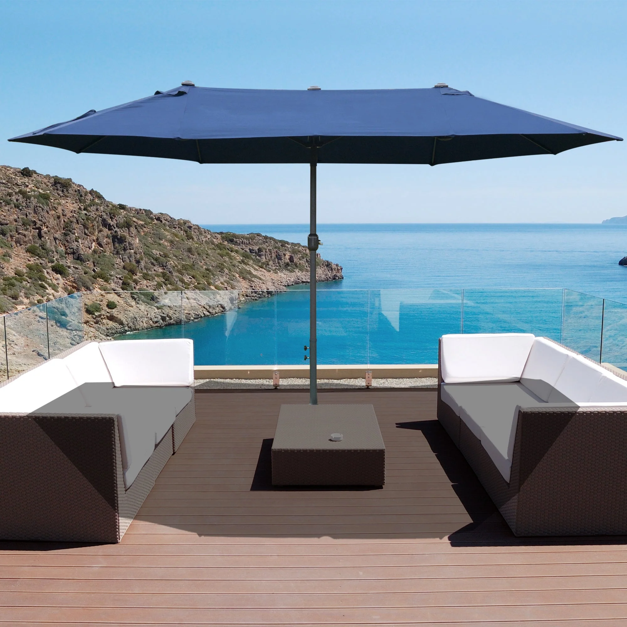 Outsunny 4.6M Sun Umbrella Canopy Double-Sided Crank Sun Shade With Cross Base Dark Blue - Image 2