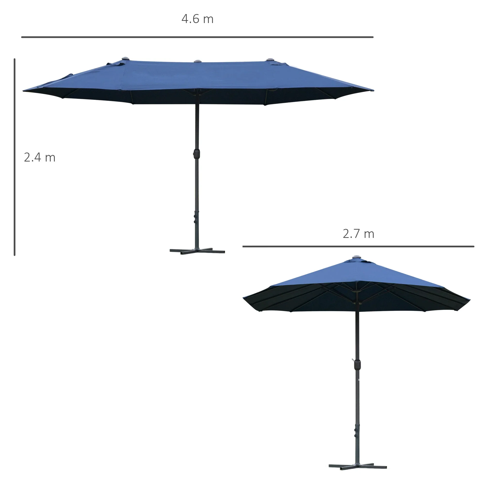 Outsunny 4.6M Sun Umbrella Canopy Double-Sided Crank Sun Shade With Cross Base Dark Blue - Image 3