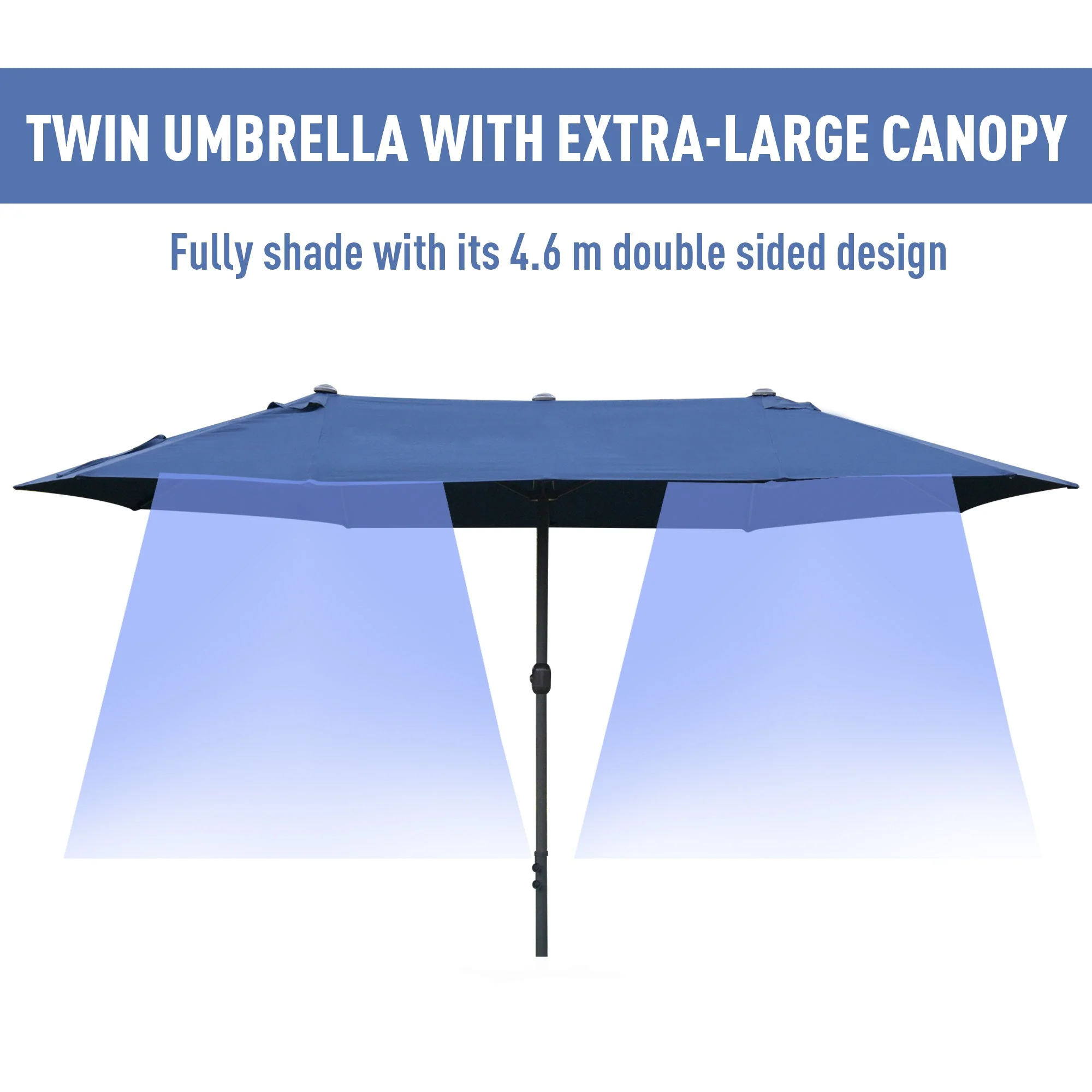 Outsunny 4.6M Sun Umbrella Canopy Double-Sided Crank Sun Shade With Cross Base Dark Blue - Image 4