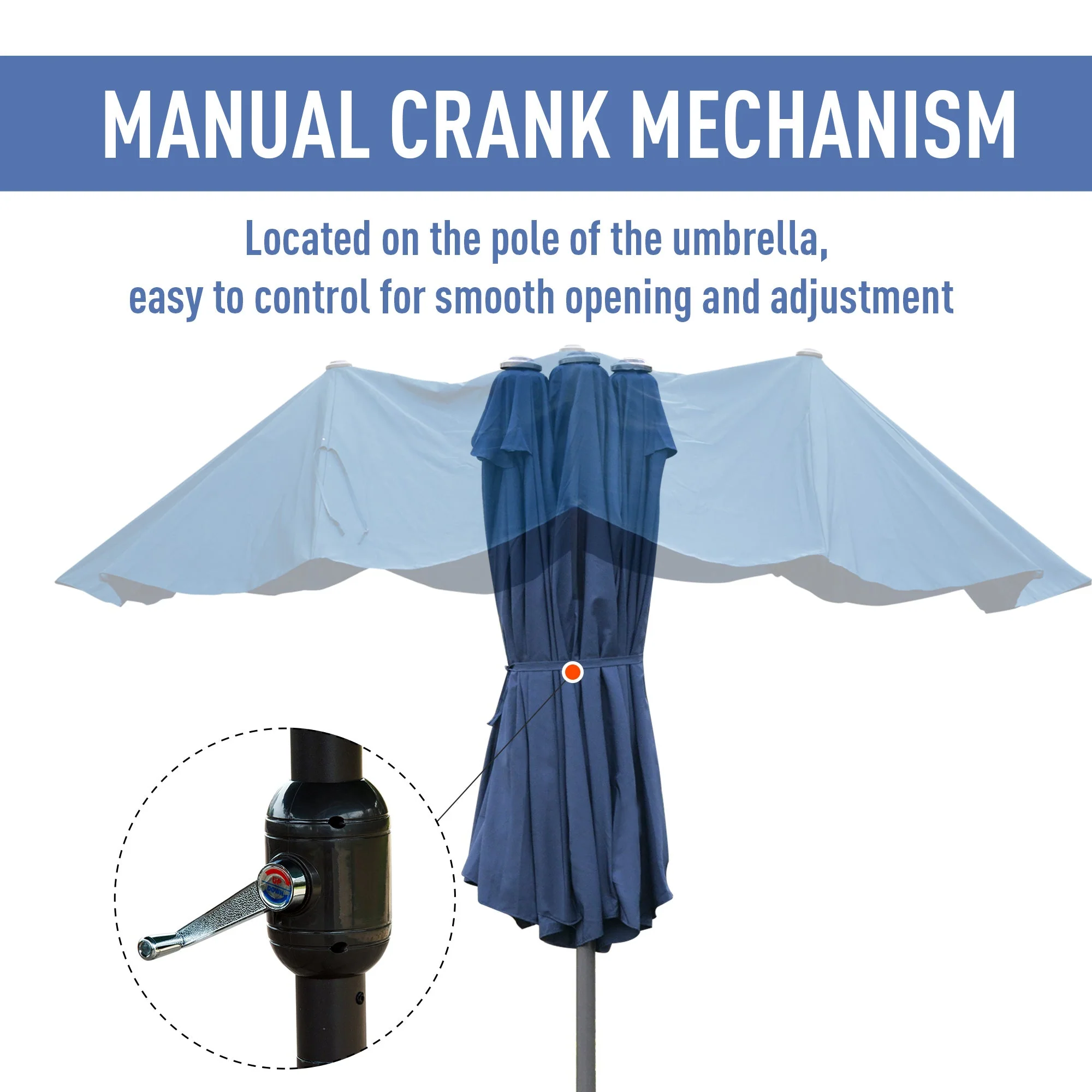 Outsunny 4.6M Sun Umbrella Canopy Double-Sided Crank Sun Shade With Cross Base Dark Blue - Image 5