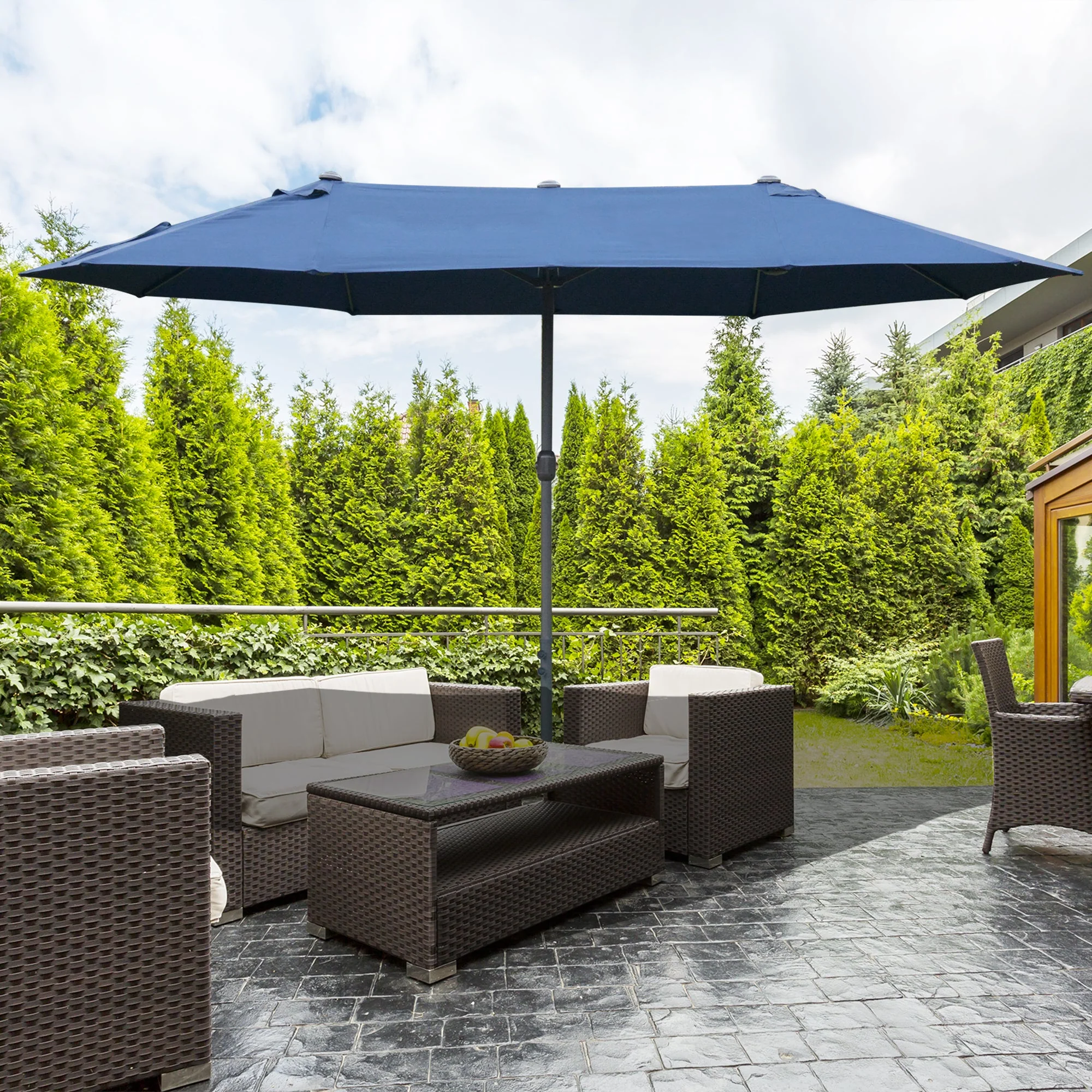 Outsunny 4.6M Sun Umbrella Canopy Double-Sided Crank Sun Shade With Cross Base Dark Blue - Image 9