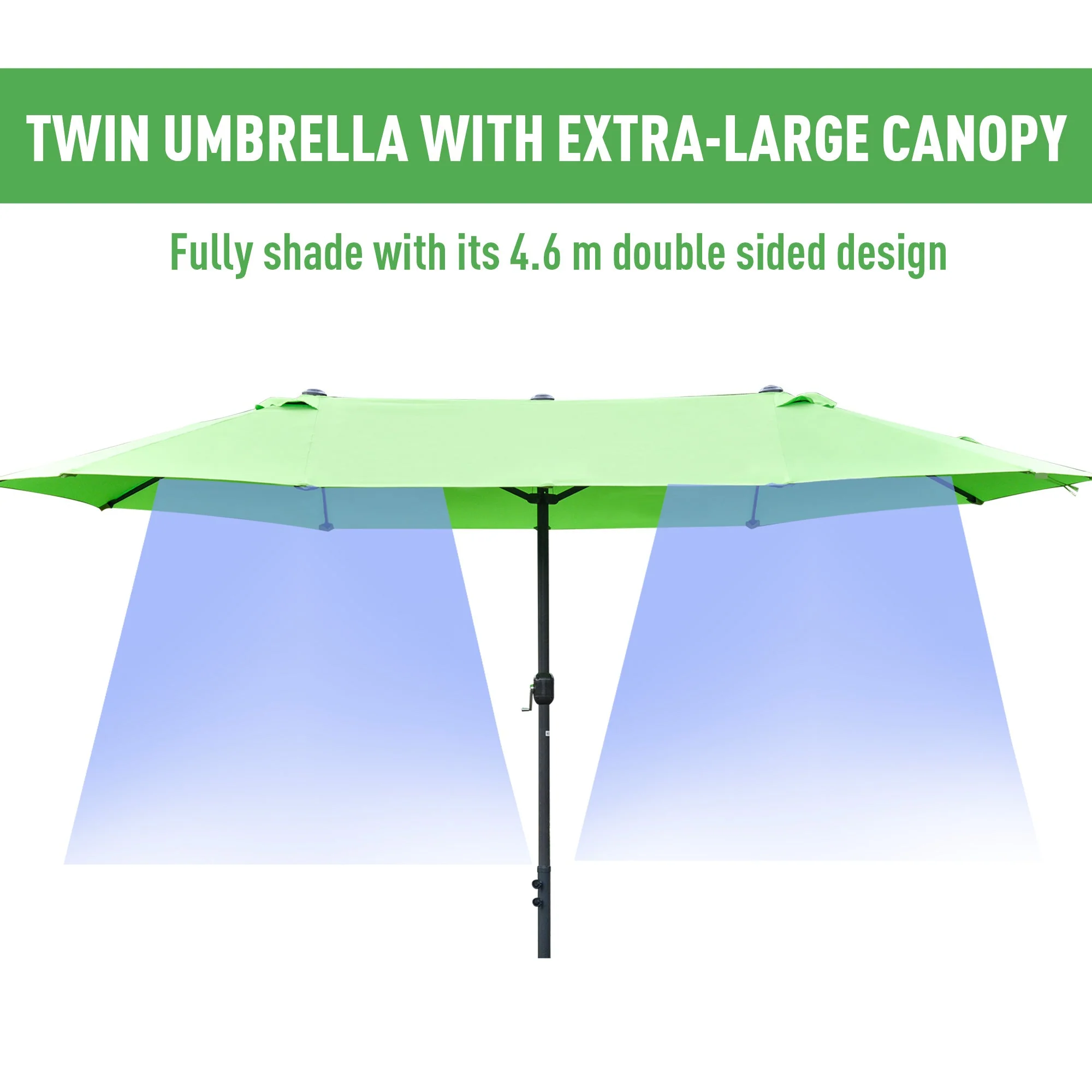 Outsunny 4.6M Sun Umbrella Canopy Double-Sided Crank Sun Shade With Cross Base Green - Image 4
