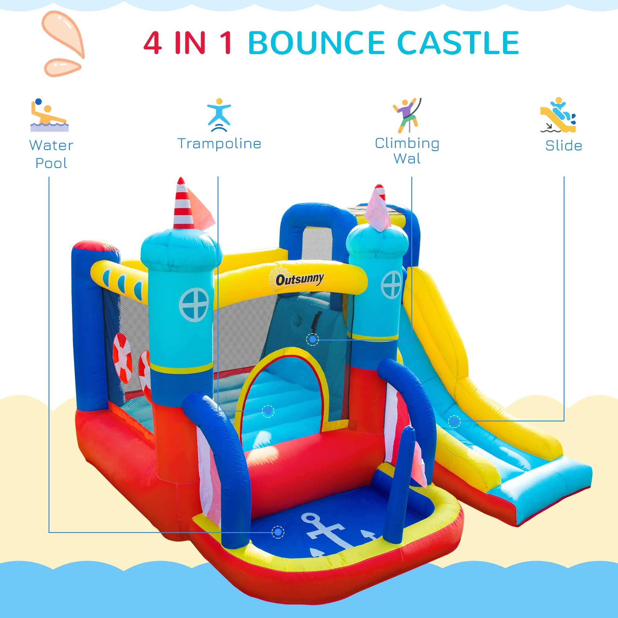 Outsunny 4 In 1 Kids Bouncy Castle Large Sailboat Style Inflatable House Slide Trampoline Water Pool Climbing Wall With Blower Carrybag For Kids Age 3-8 - Image 3