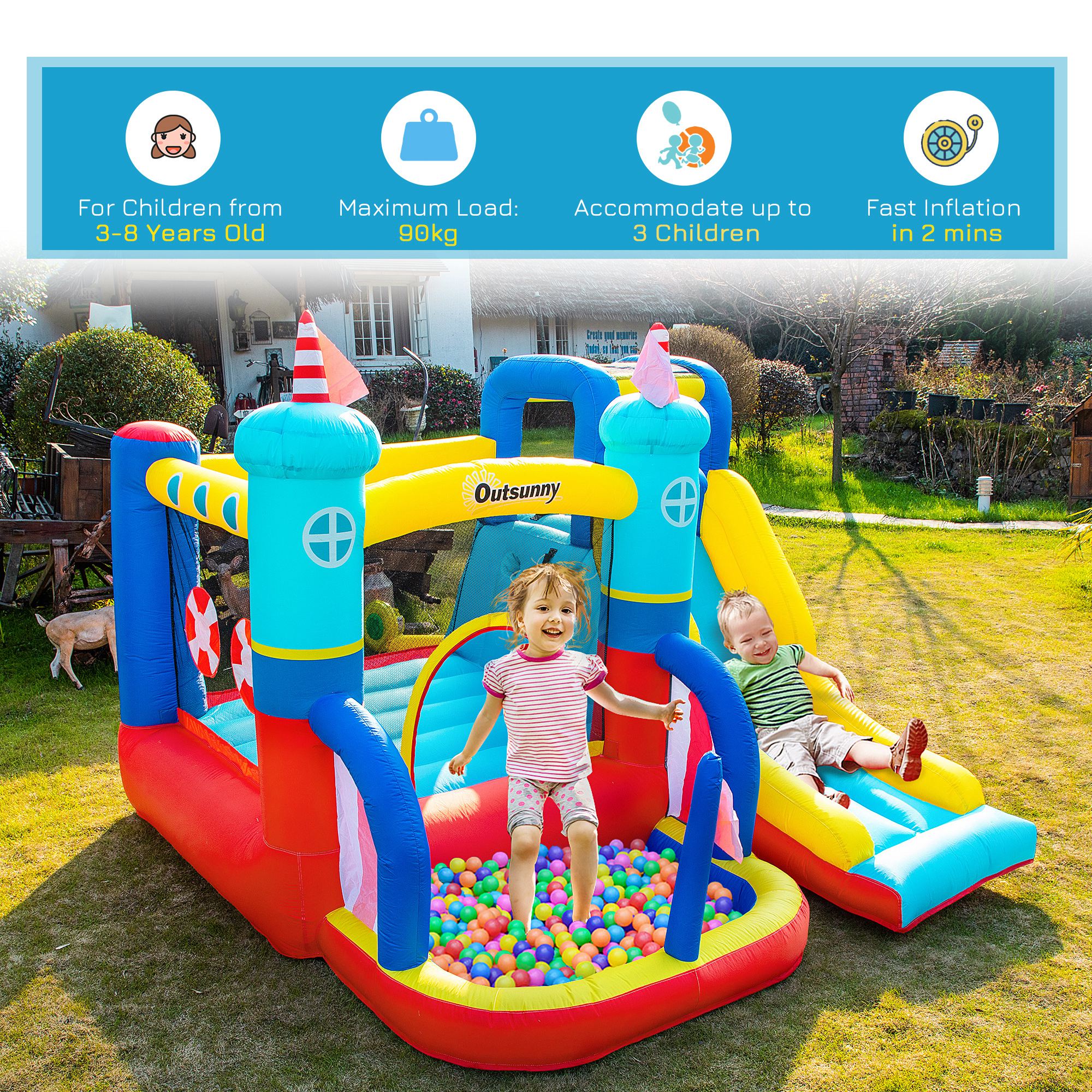 Outsunny 4 In 1 Kids Bouncy Castle Large Sailboat Style Inflatable House Slide Trampoline Water Pool Climbing Wall With Blower Carrybag For Kids Age 3-8 - Image 4