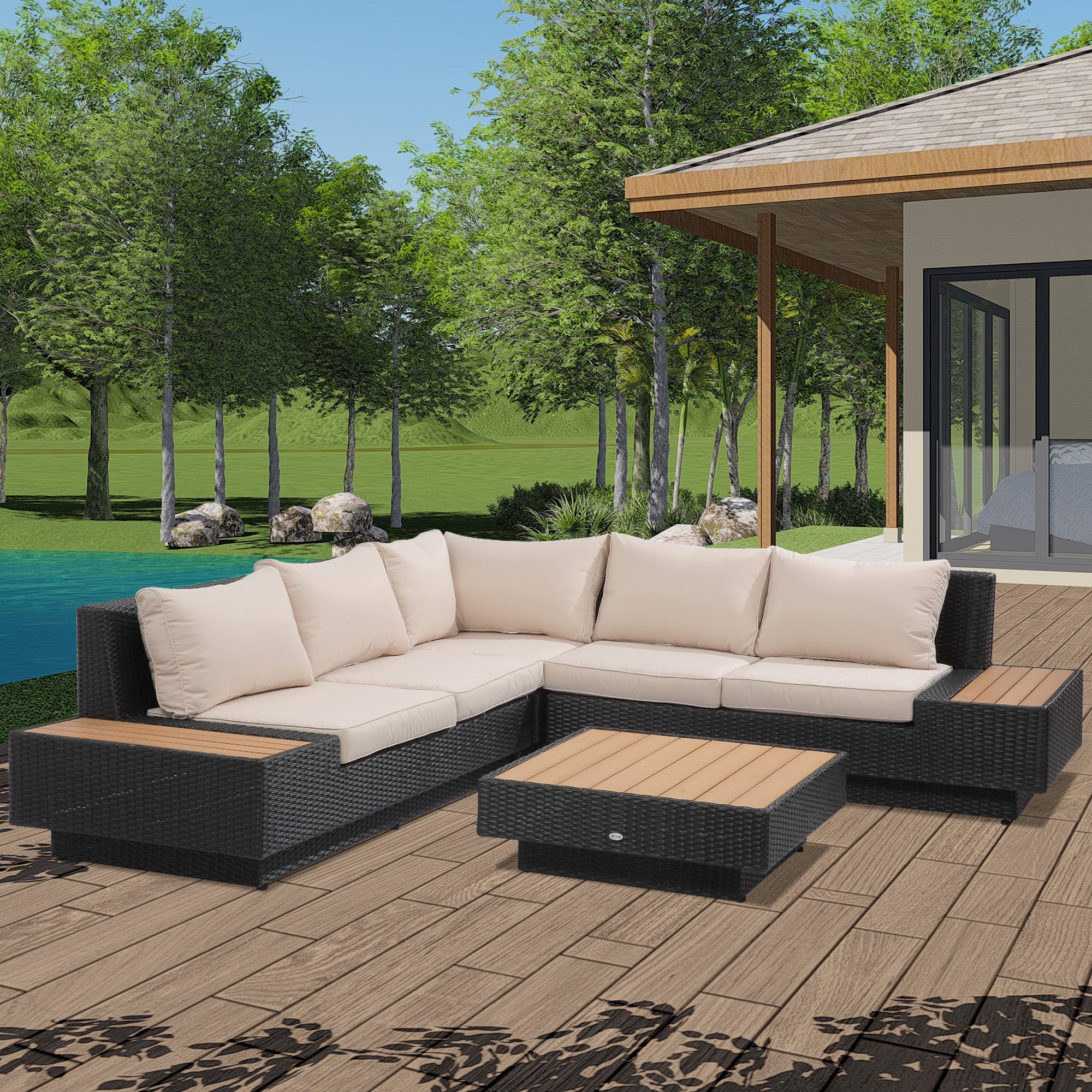 Outsunny 4 PCs Rattan Garden Furniture Outdoor Sectional Corner Sofa and Coffee Table Set Conservatory Wicker Weave Furniture with Armrest and Cushions - Black - Image 2