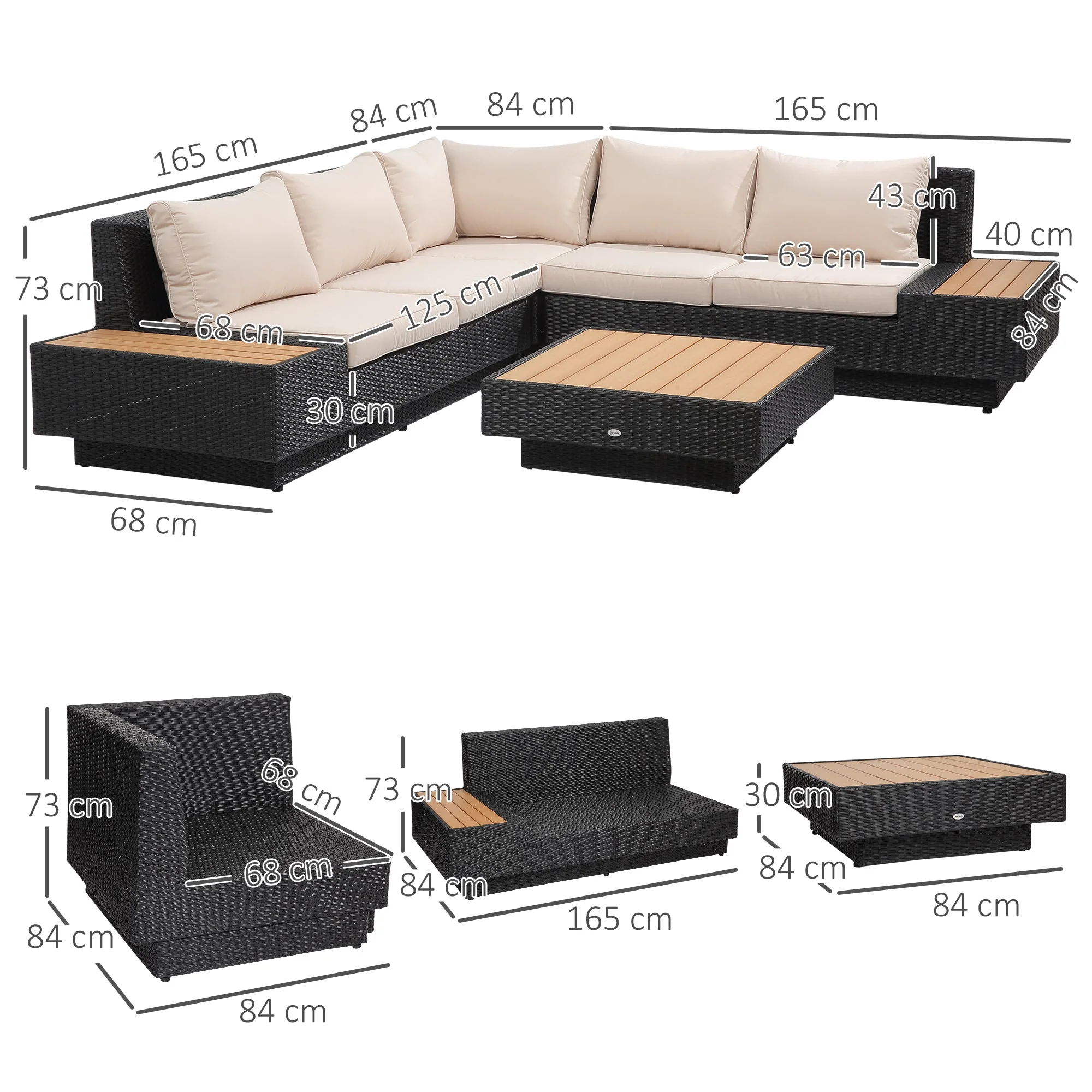 Outsunny 4 PCs Rattan Garden Furniture Outdoor Sectional Corner Sofa and Coffee Table Set Conservatory Wicker Weave Furniture with Armrest and Cushions - Black - Image 3