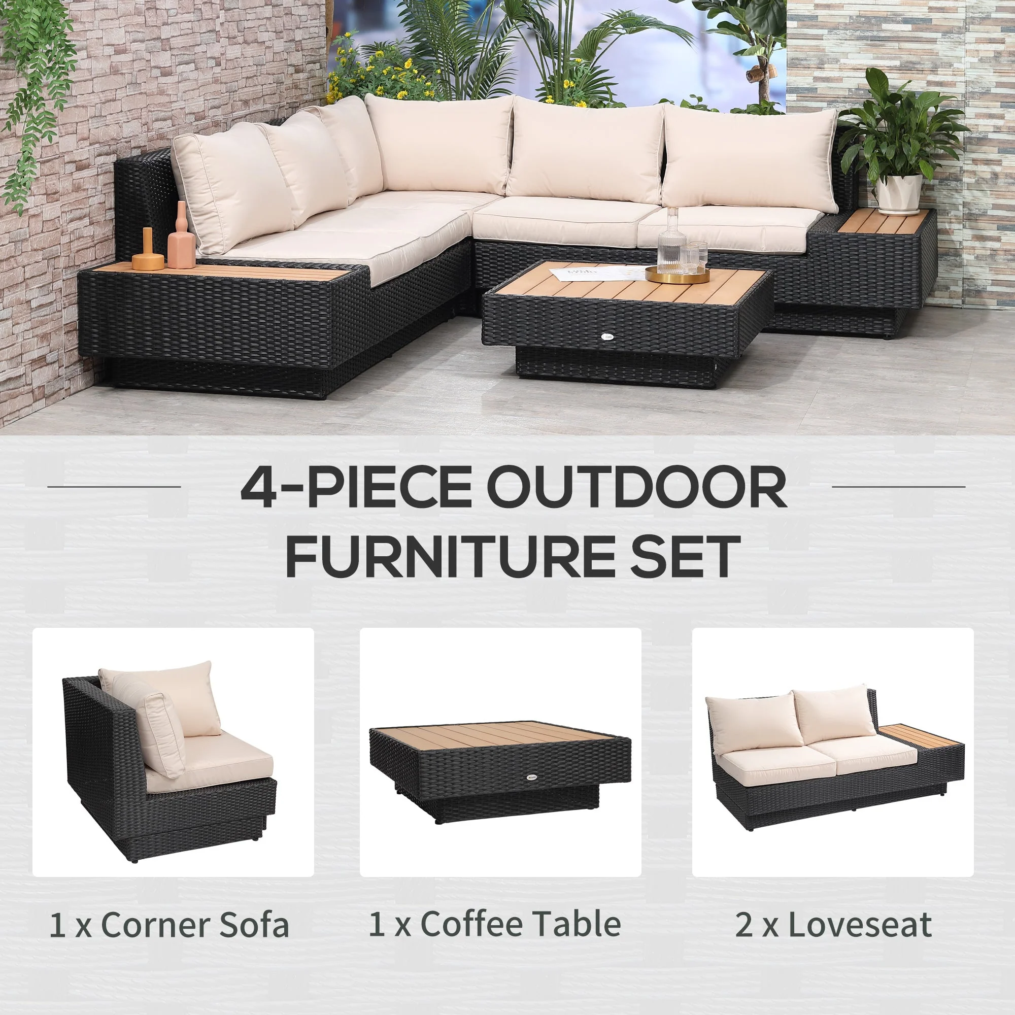 Outsunny 4 PCs Rattan Garden Furniture Outdoor Sectional Corner Sofa and Coffee Table Set Conservatory Wicker Weave Furniture with Armrest and Cushions - Black - Image 5