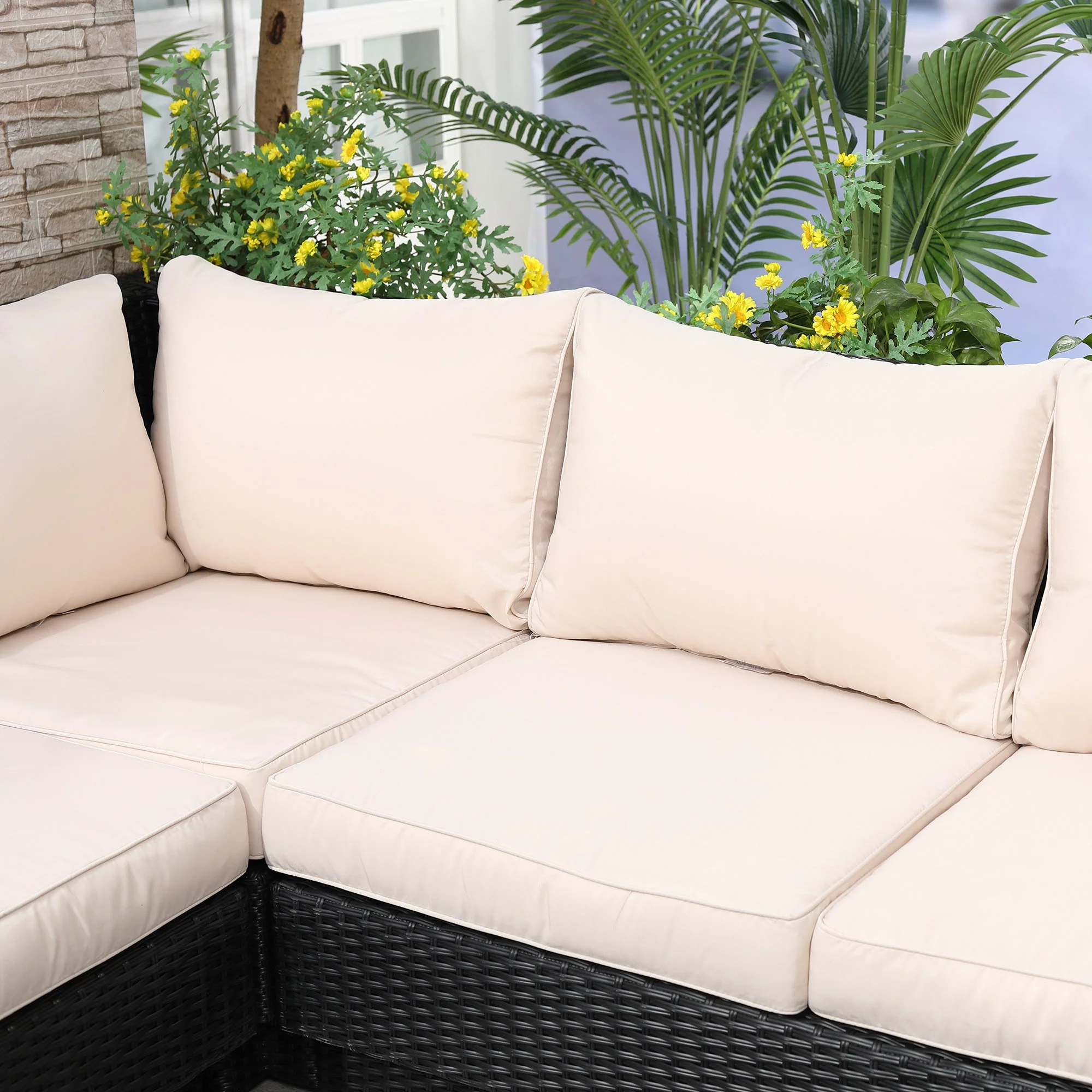 Outsunny 4 PCs Rattan Garden Furniture Outdoor Sectional Corner Sofa and Coffee Table Set Conservatory Wicker Weave Furniture with Armrest and Cushions - Black - Image 9