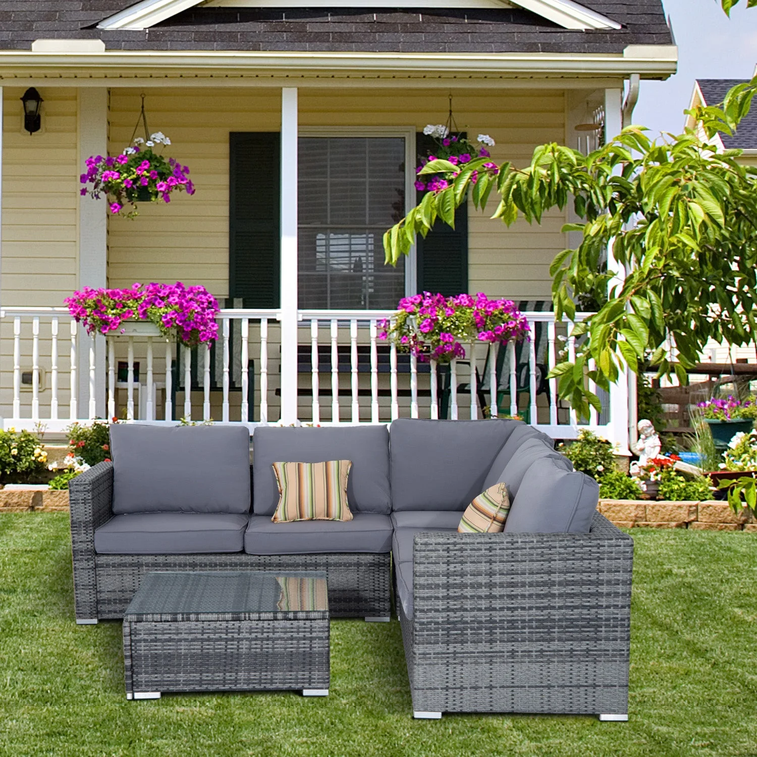 Outsunny 4 Pcs Rattan Garden Furniture Sets Wicker Patio Conservatory Dining Set With Corner Sofa Loveseat Coffee Table Cushions For Balcony Backyard Pool - Image 2
