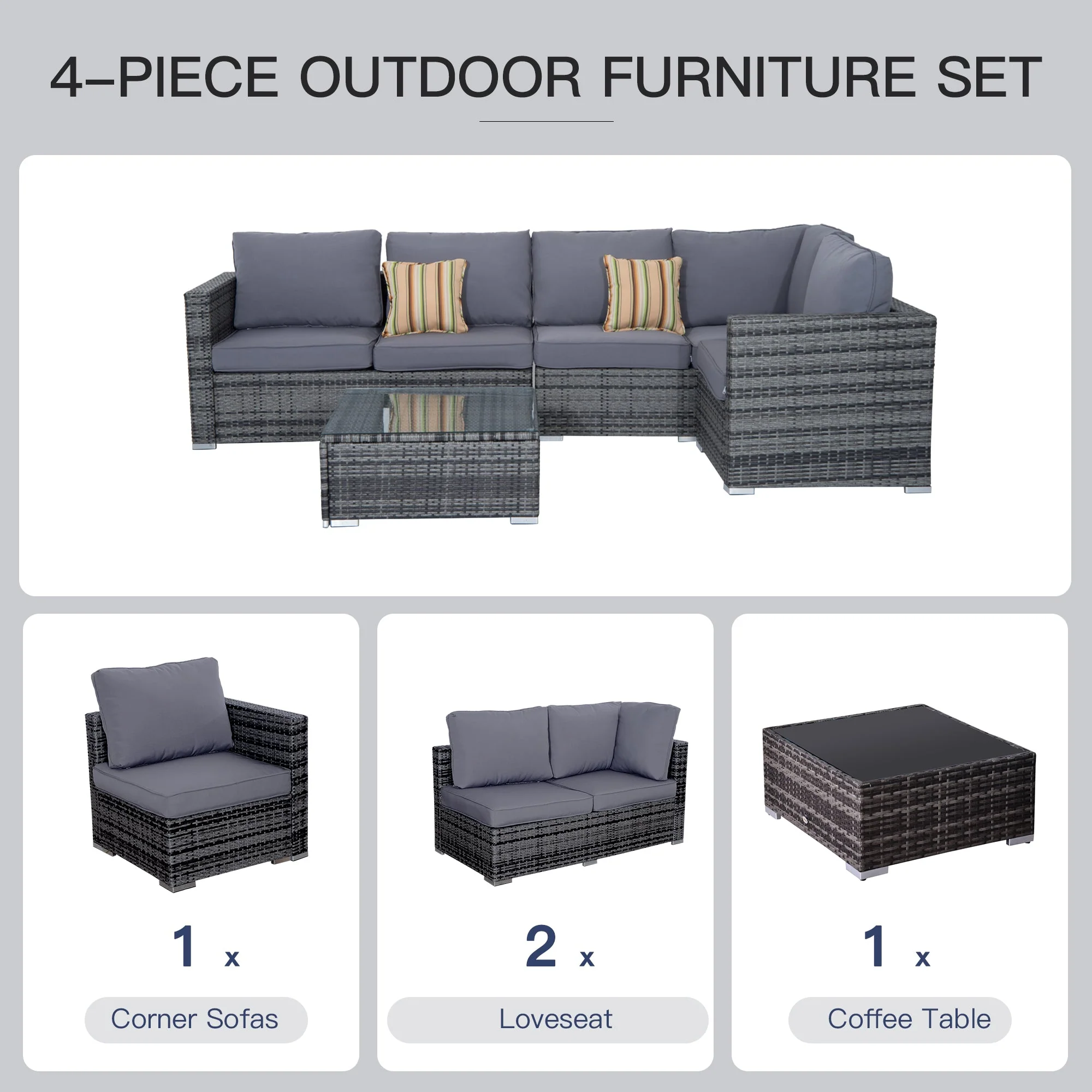 Outsunny 4 Pcs Rattan Garden Furniture Sets Wicker Patio Conservatory Dining Set With Corner Sofa Loveseat Coffee Table Cushions For Balcony Backyard Pool - Image 4