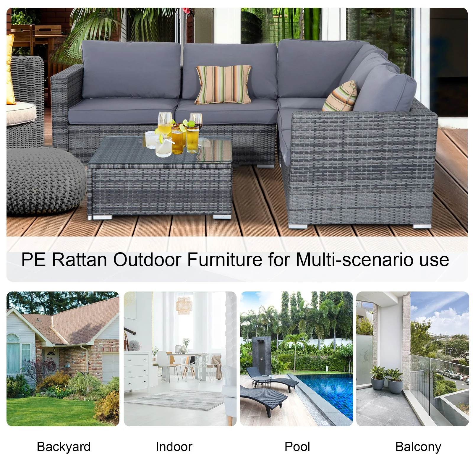 Outsunny 4 Pcs Rattan Garden Furniture Sets Wicker Patio Conservatory Dining Set With Corner Sofa Loveseat Coffee Table Cushions For Balcony Backyard Pool - Image 5
