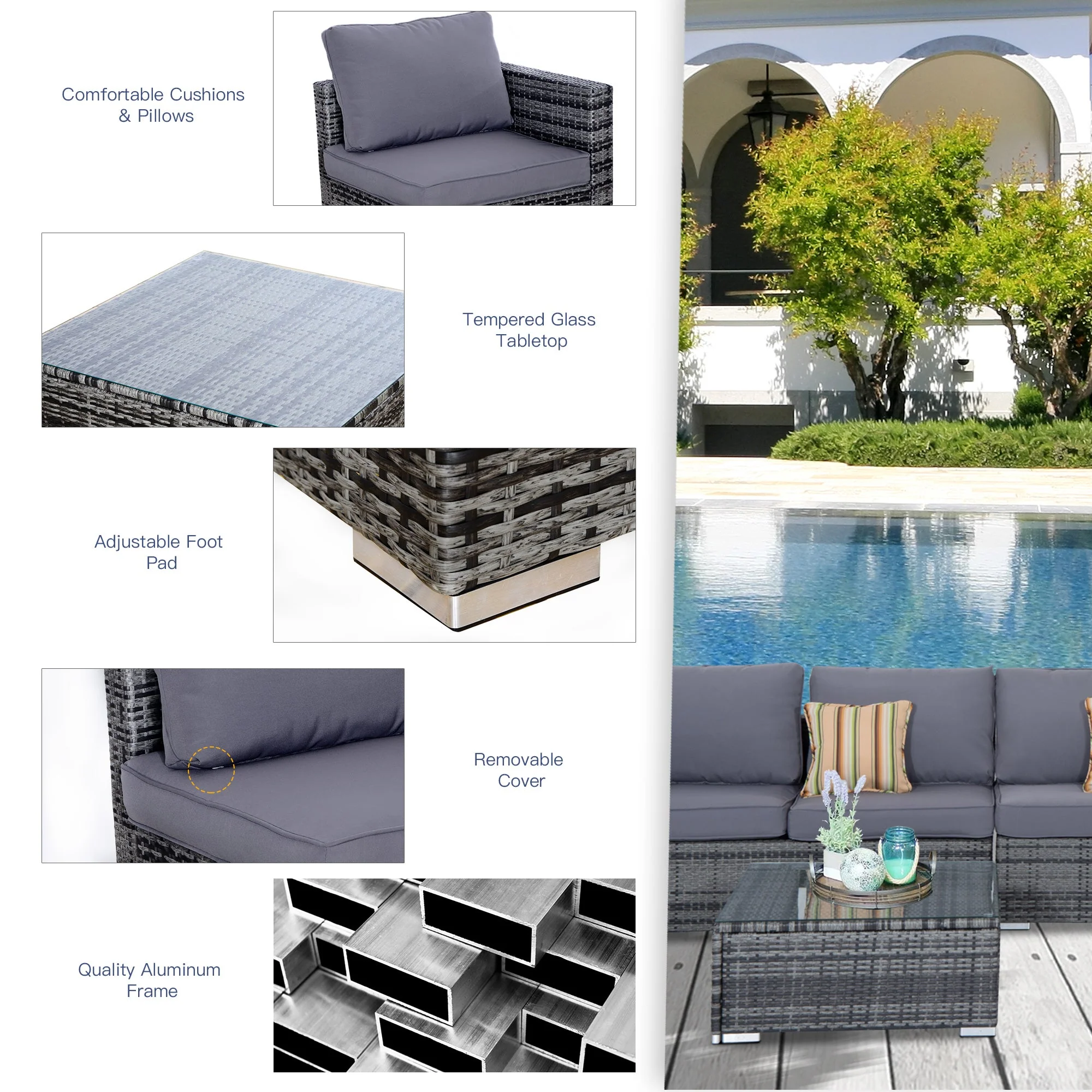 Outsunny 4 Pcs Rattan Garden Furniture Sets Wicker Patio Conservatory Dining Set With Corner Sofa Loveseat Coffee Table Cushions For Balcony Backyard Pool - Image 6