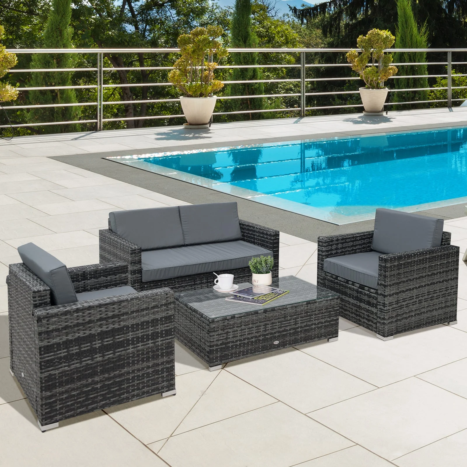 Outsunny 4 Pieces Wicker Steel Rattan Sofa Set Garden Chair Seat Furniture Patio Grey - Image 2