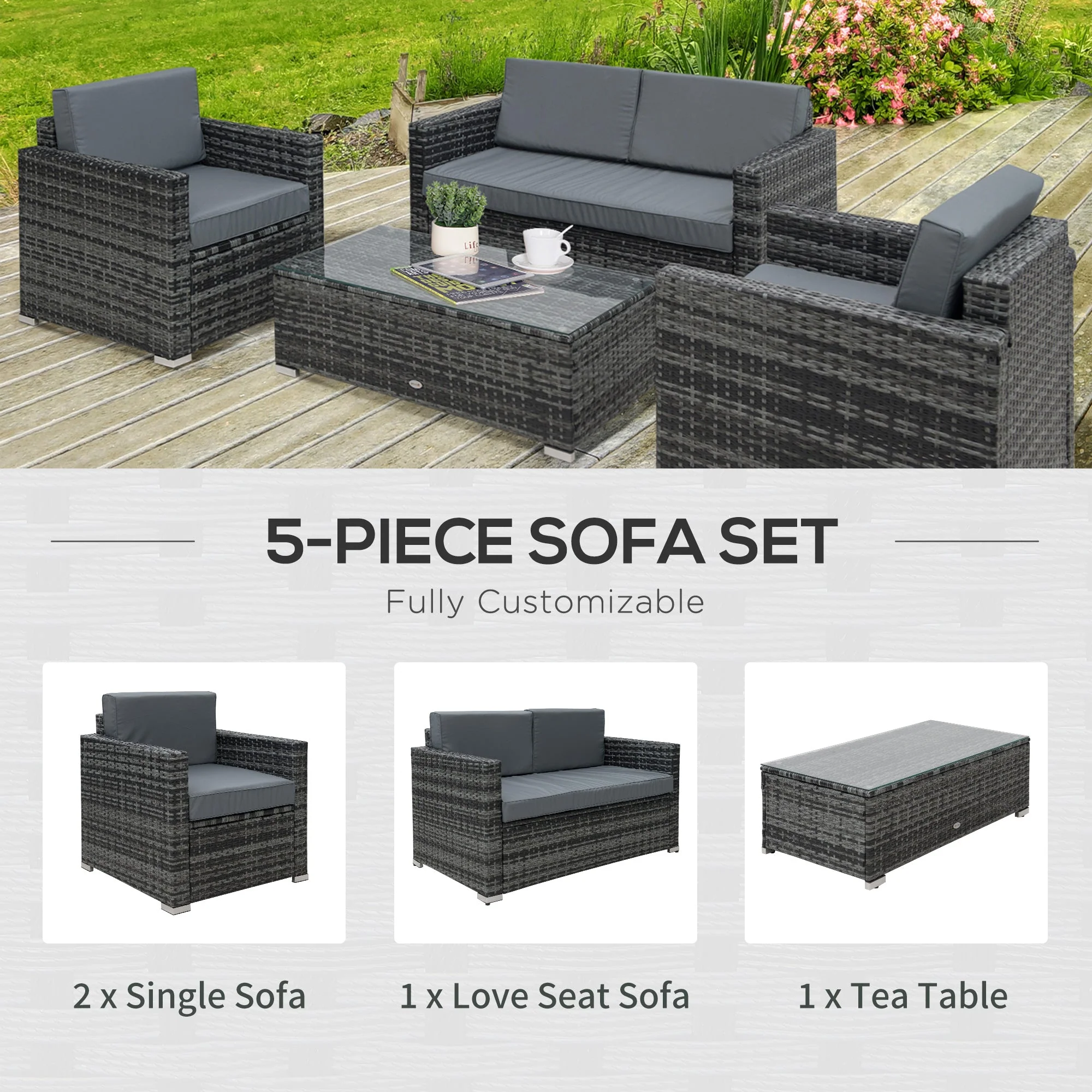 Outsunny 4 Pieces Wicker Steel Rattan Sofa Set Garden Chair Seat Furniture Patio Grey - Image 5