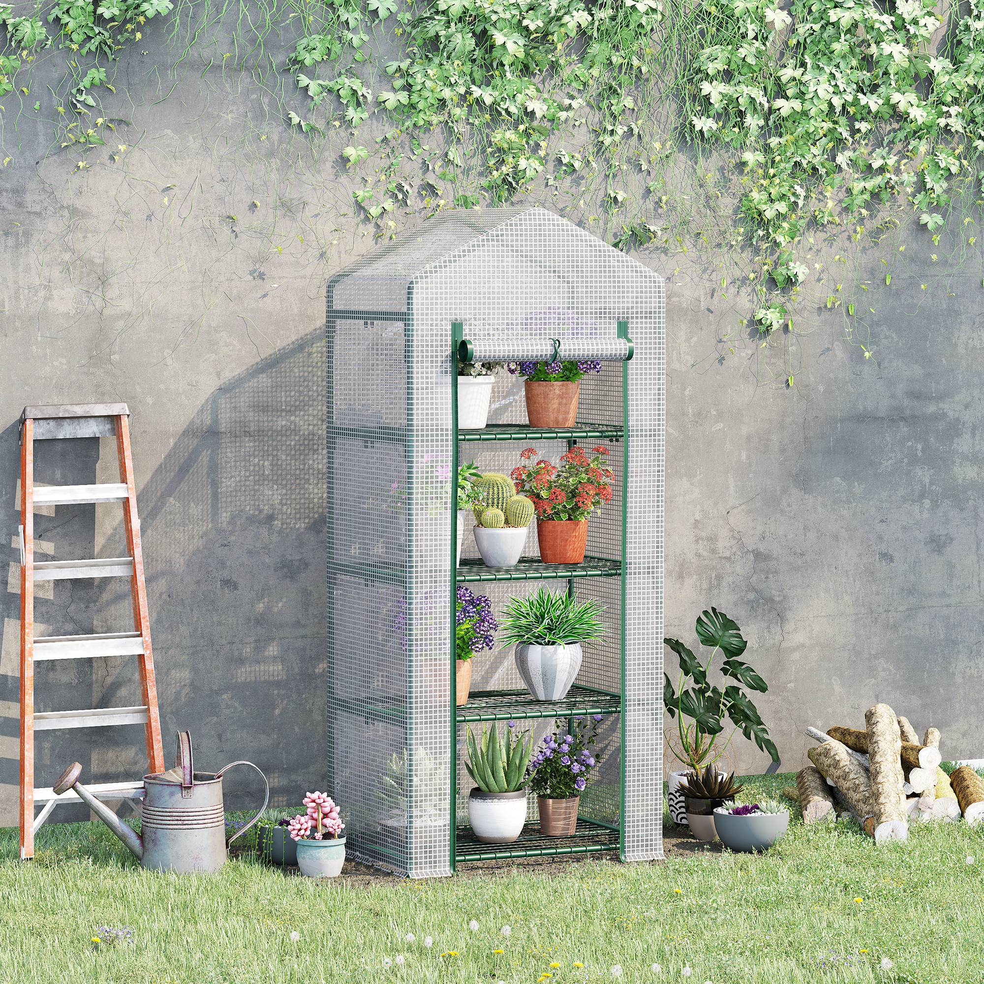 Outsunny 4 Tier Mini Greenhouse Portable Green House With Steel Frame Pe Cover Roll-Up Door 70 X 50 X 160 cm White - Image 2