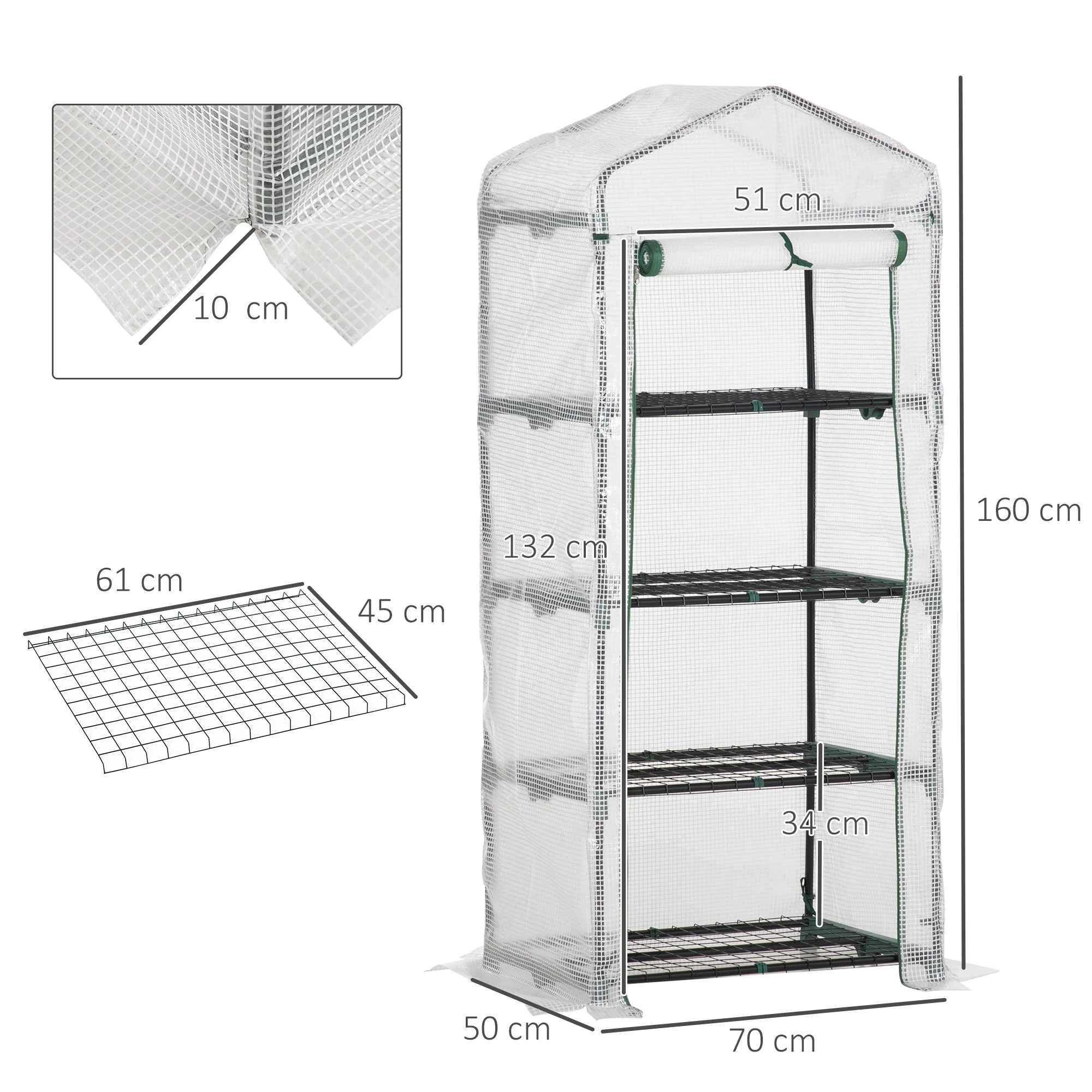 Outsunny 4 Tier Mini Greenhouse Portable Green House With Steel Frame Pe Cover Roll-Up Door 70 X 50 X 160 cm White - Image 3