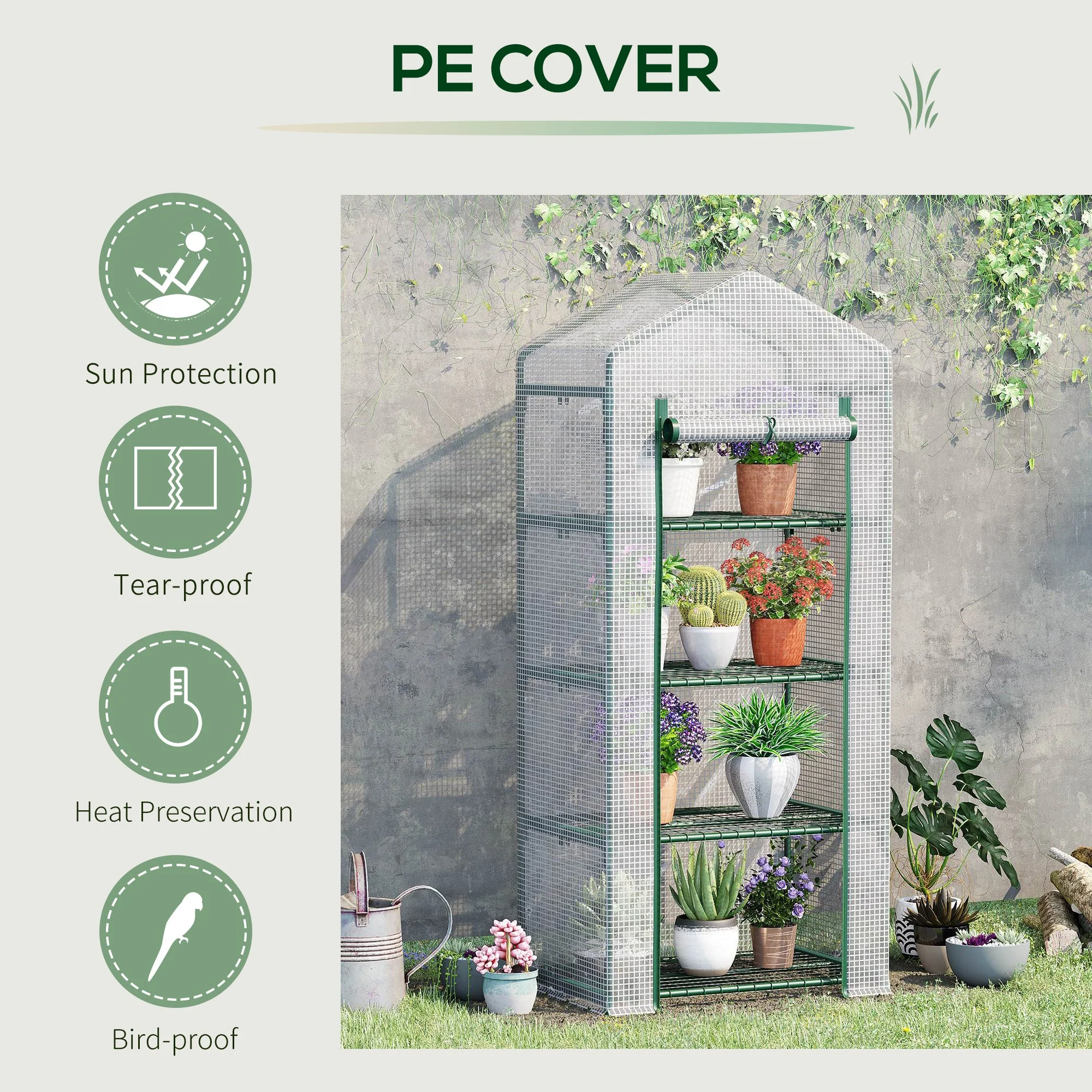 Outsunny 4 Tier Mini Greenhouse Portable Green House With Steel Frame Pe Cover Roll-Up Door 70 X 50 X 160 cm White - Image 5