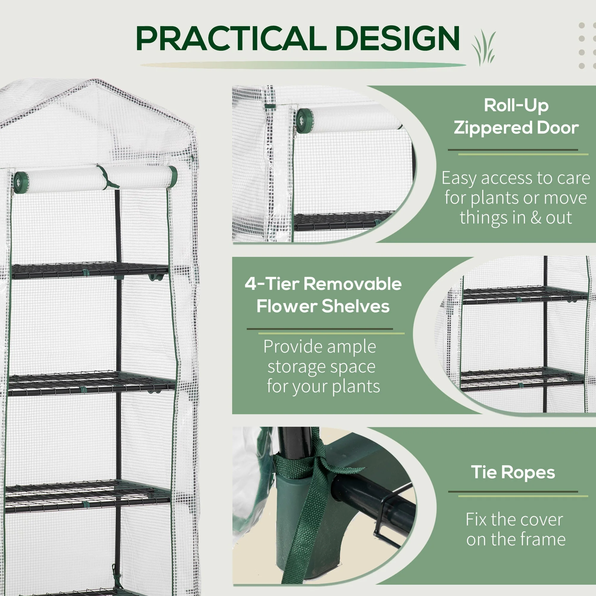 Outsunny 4 Tier Mini Greenhouse Portable Green House With Steel Frame Pe Cover Roll-Up Door 70 X 50 X 160 cm White - Image 6