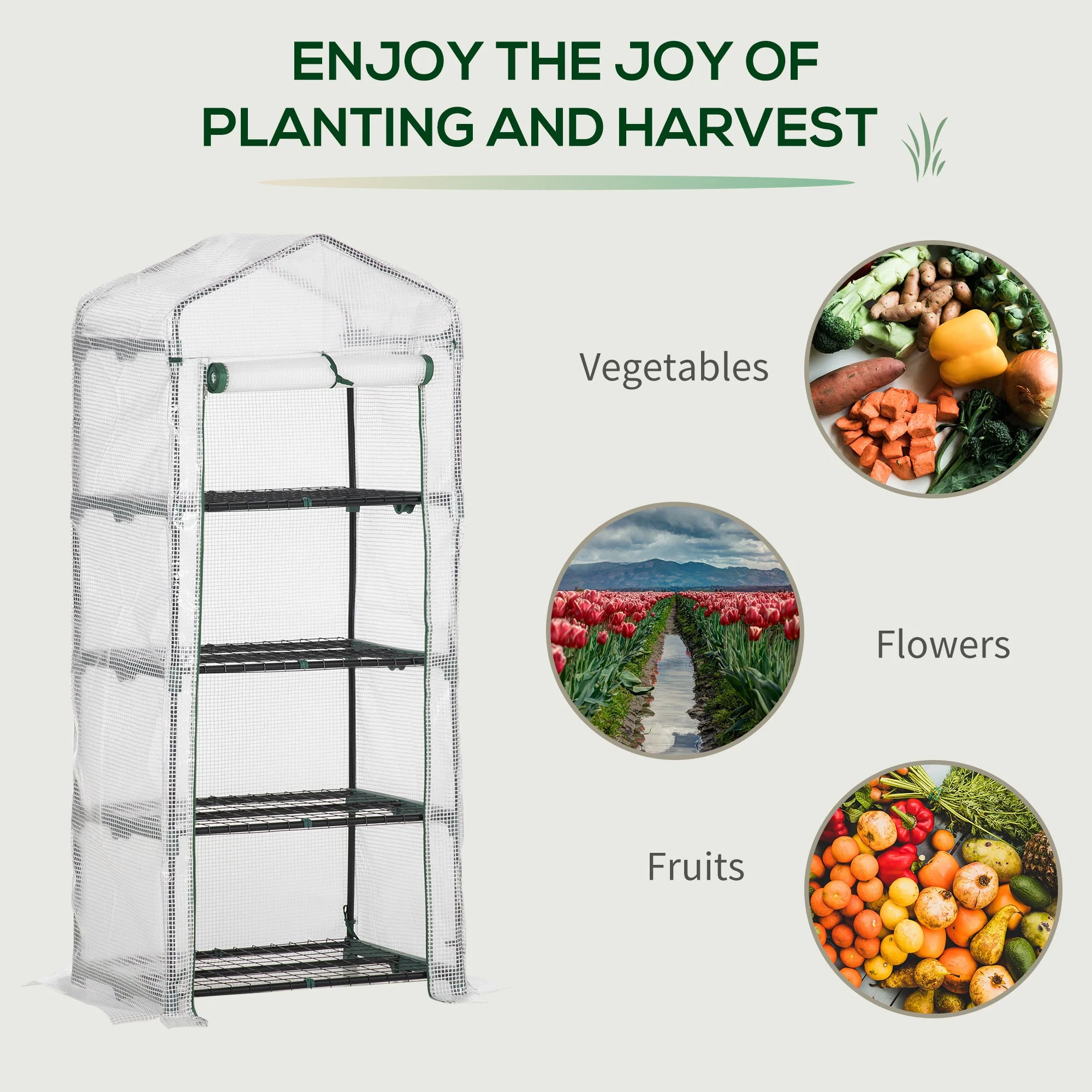 Outsunny 4 Tier Mini Greenhouse Portable Green House With Steel Frame Pe Cover Roll-Up Door 70 X 50 X 160 cm White - Image 7