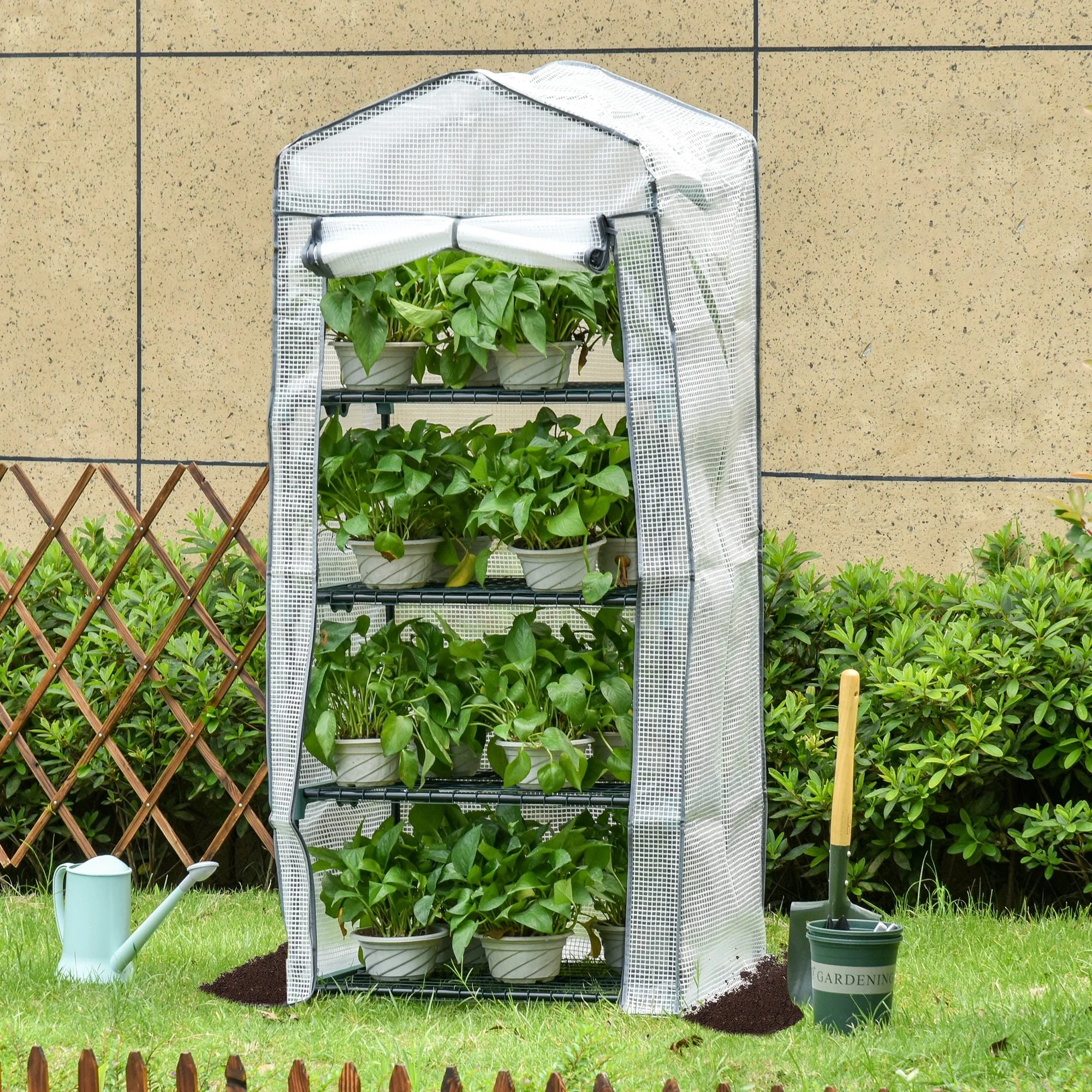 Outsunny 4 Tiers Portable Mini Greenhouse Plant Grow Shed Green House Metal Frame Pe Cover 160H X 70L X 50W cm White - Image 2