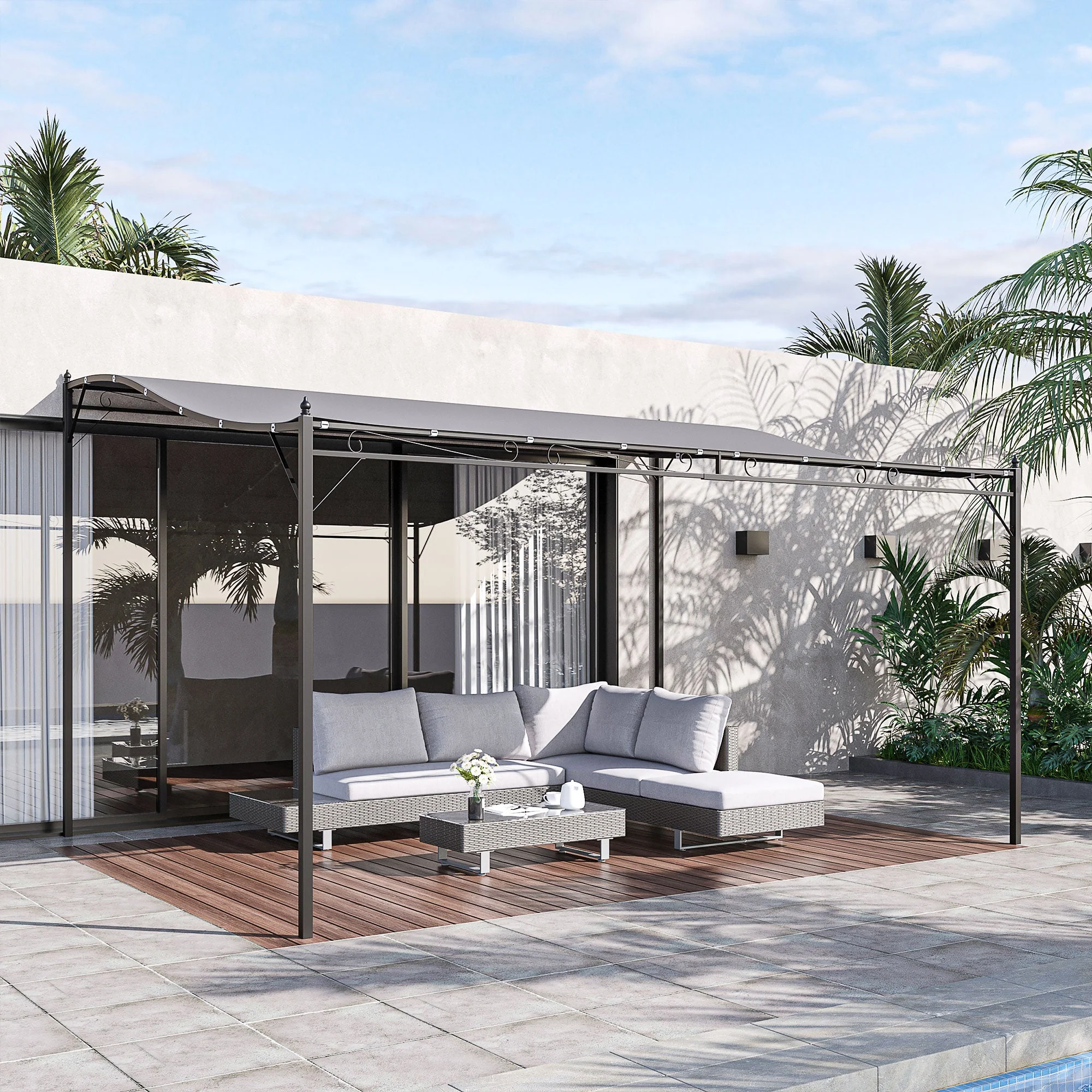 Outsunny 4 X 3 Meters Canopy Metal Wall Gazebo Awning Garden Marquee Shelter Door Porch - Grey - Image 2
